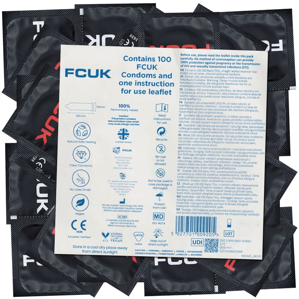 Packung mit 100 Kondomen. Marke FCUK. Enthält eine Gebrauchsanweisung. Schwarze Verpackung mit weißem Aufdruck.