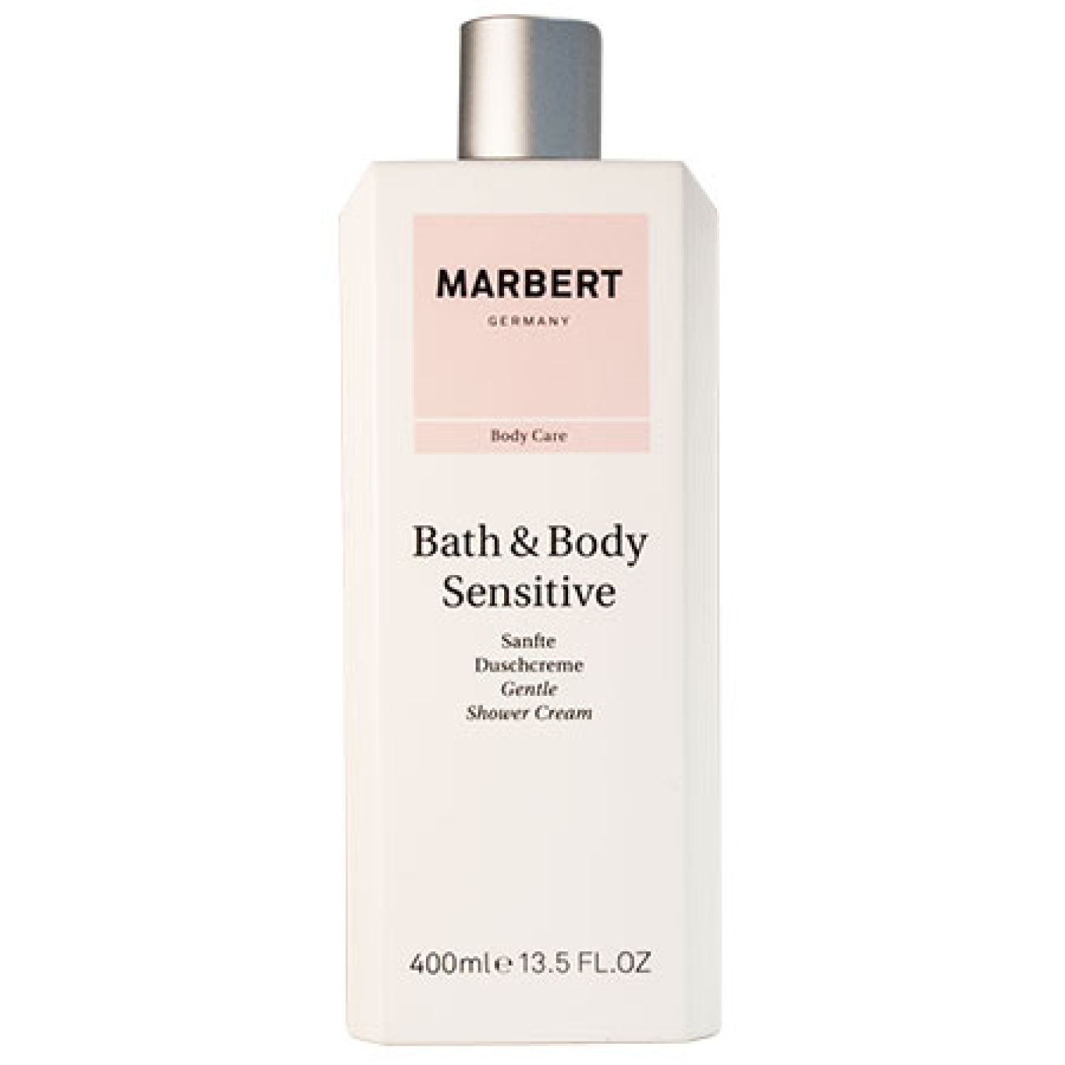 Weißer Flakon mit silbernem Deckel. Rosa Etikett mit "MARBERT GERMANY" und "Bath & Body Sensitive". Text: "Sanfte Duschcreme, Gentle Shower Cream".