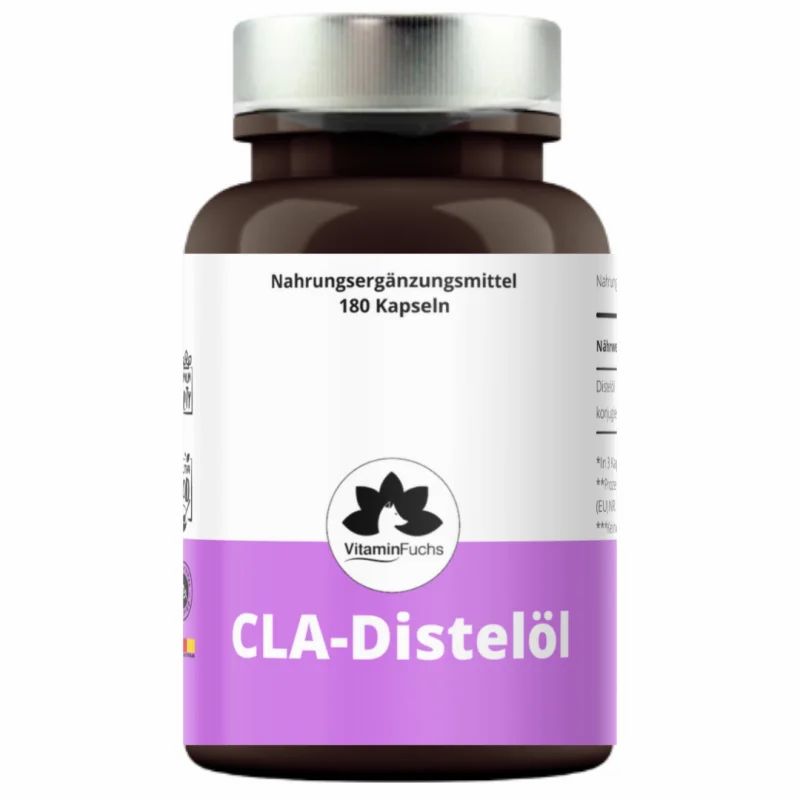 Braune Flasche mit weißen und lila Etiketten. Aufschrift: CLA-Distelöl, VitaminFuchs. 180 Kapseln.