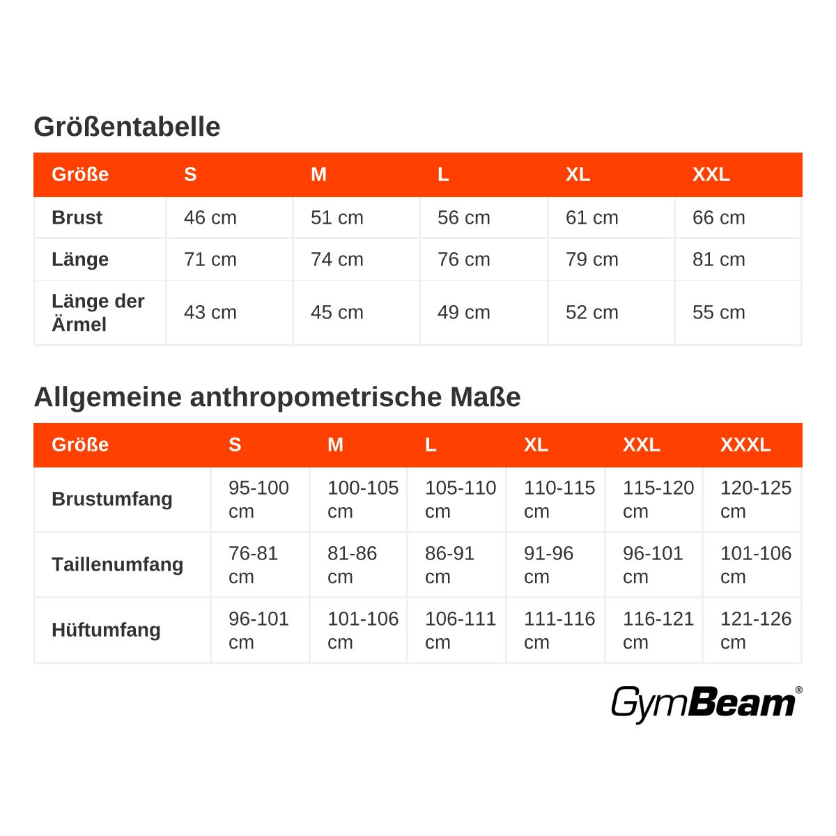 Größentabelle für GymBeam Herrenbekleidung mit Maßen für Brust, Länge und Ärmellänge.