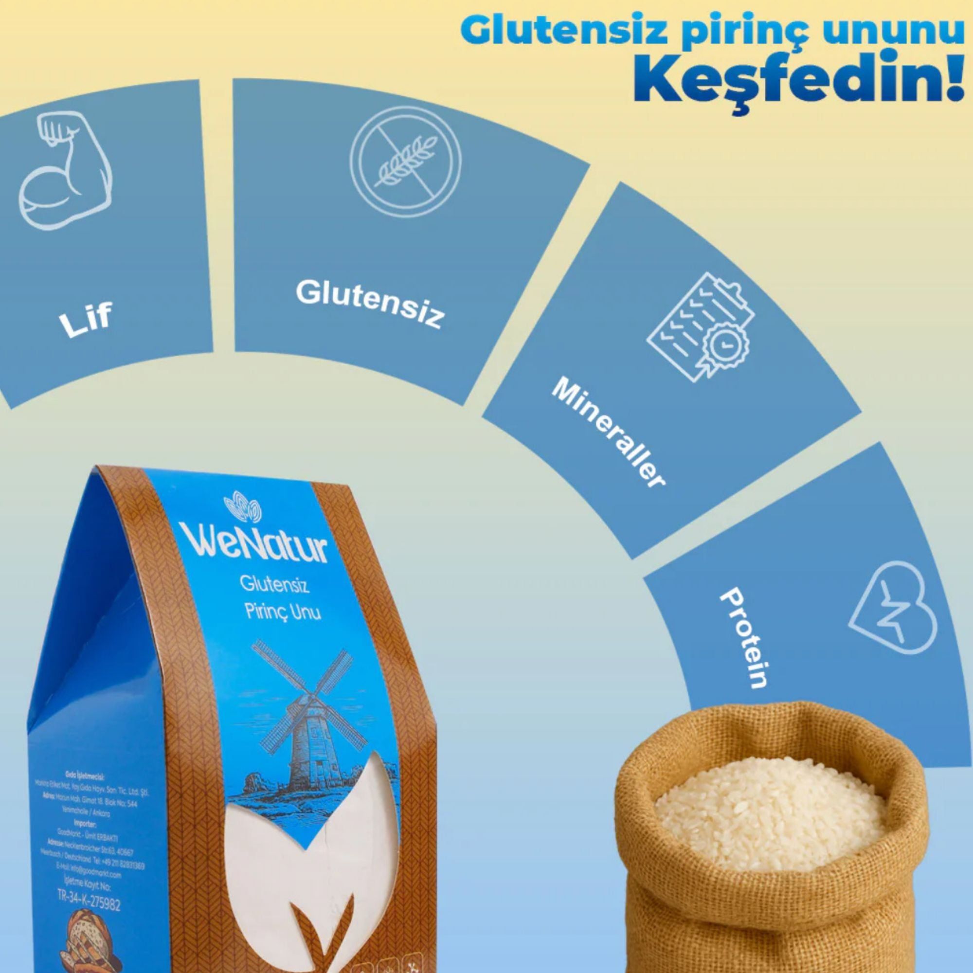 WeNatur glutenfreies Reismehl mit Icons für Ballaststoffe, Glutenfrei, Mineralien und Protein.