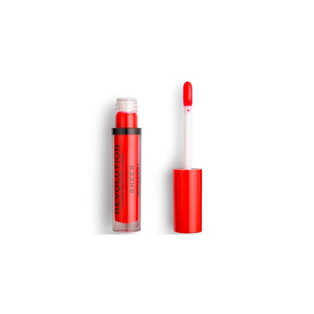 Roter Lipgloss mit Applikator. Flasche und Applikator sind rot. Auf der Flasche steht "REVOLUTION SHEER".