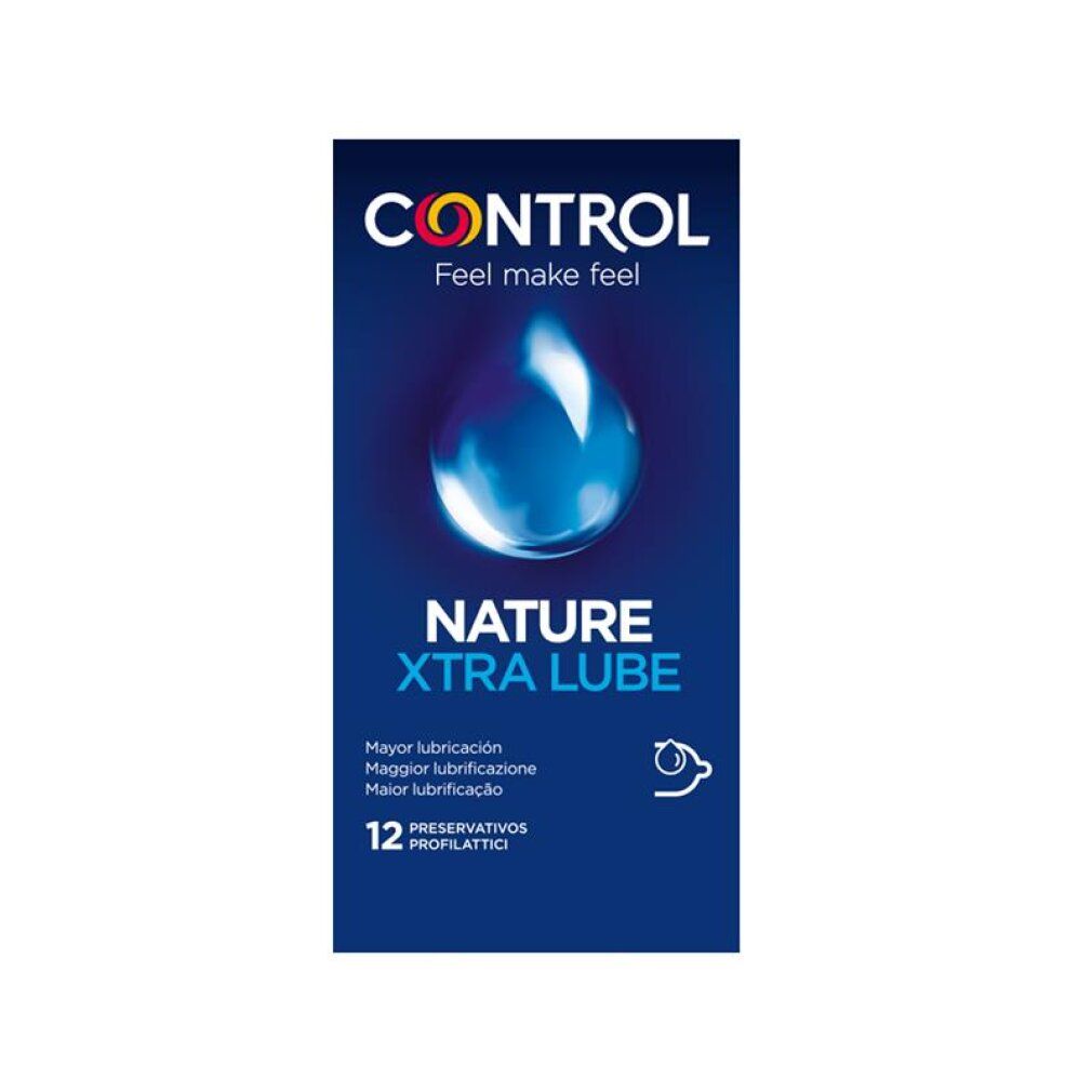 Packung Control Nature Xtra Lube Kondome, 12 Stück. Blaue Packung mit Wassertropfen-Symbol.