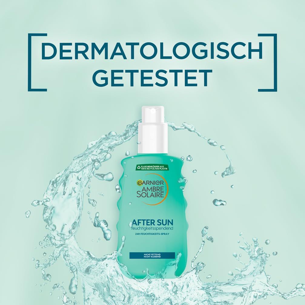 Grünes Garnier Ambre Solaire After Sun Spray. Text: Dermatologisch getest. Produkt und Wasser-Effekt.