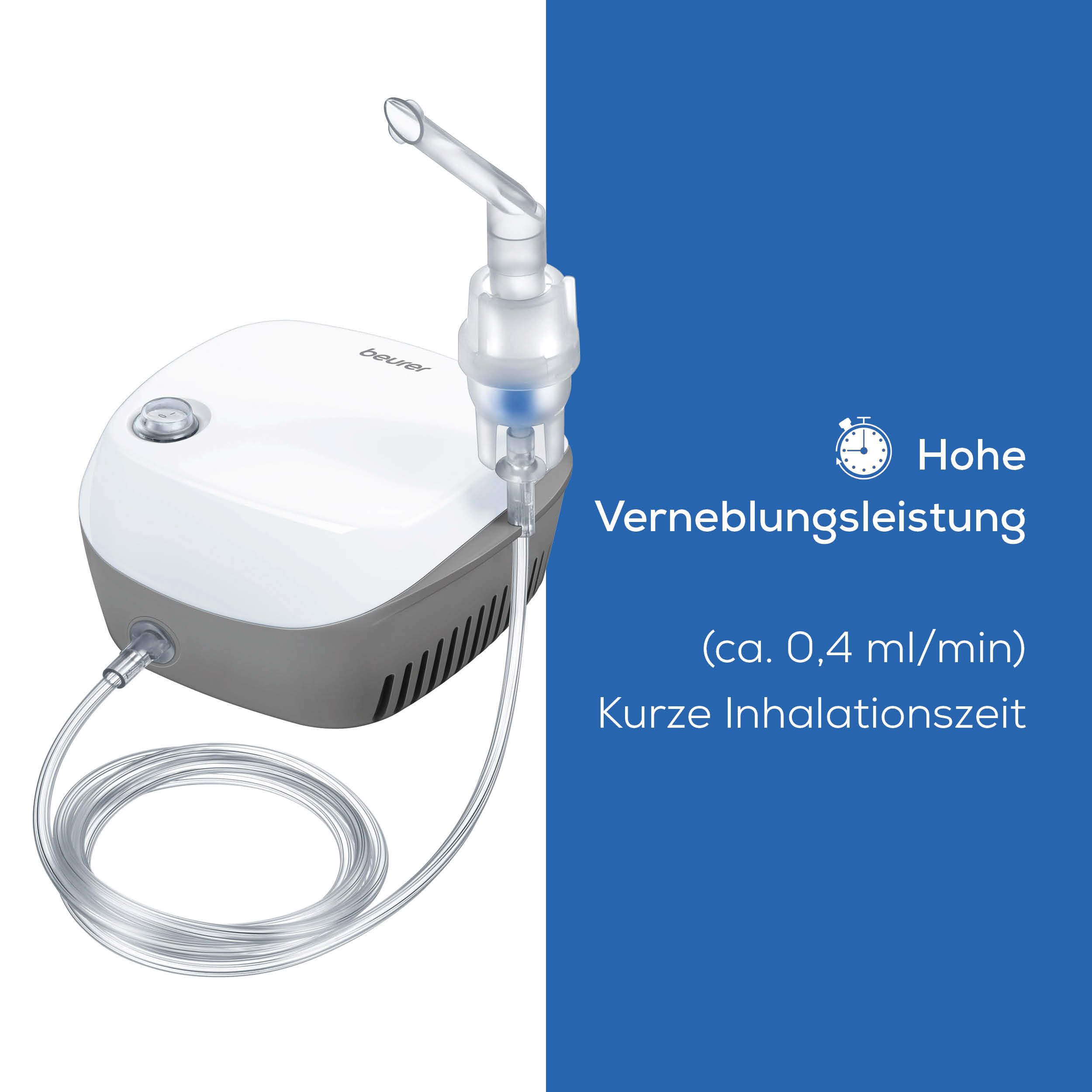 Inhalationsgerät mit Maske und Schlauch. Text: Hohe Verneblungsleistung (ca. 0,4 ml/min). Kurze Inhalationszeit.