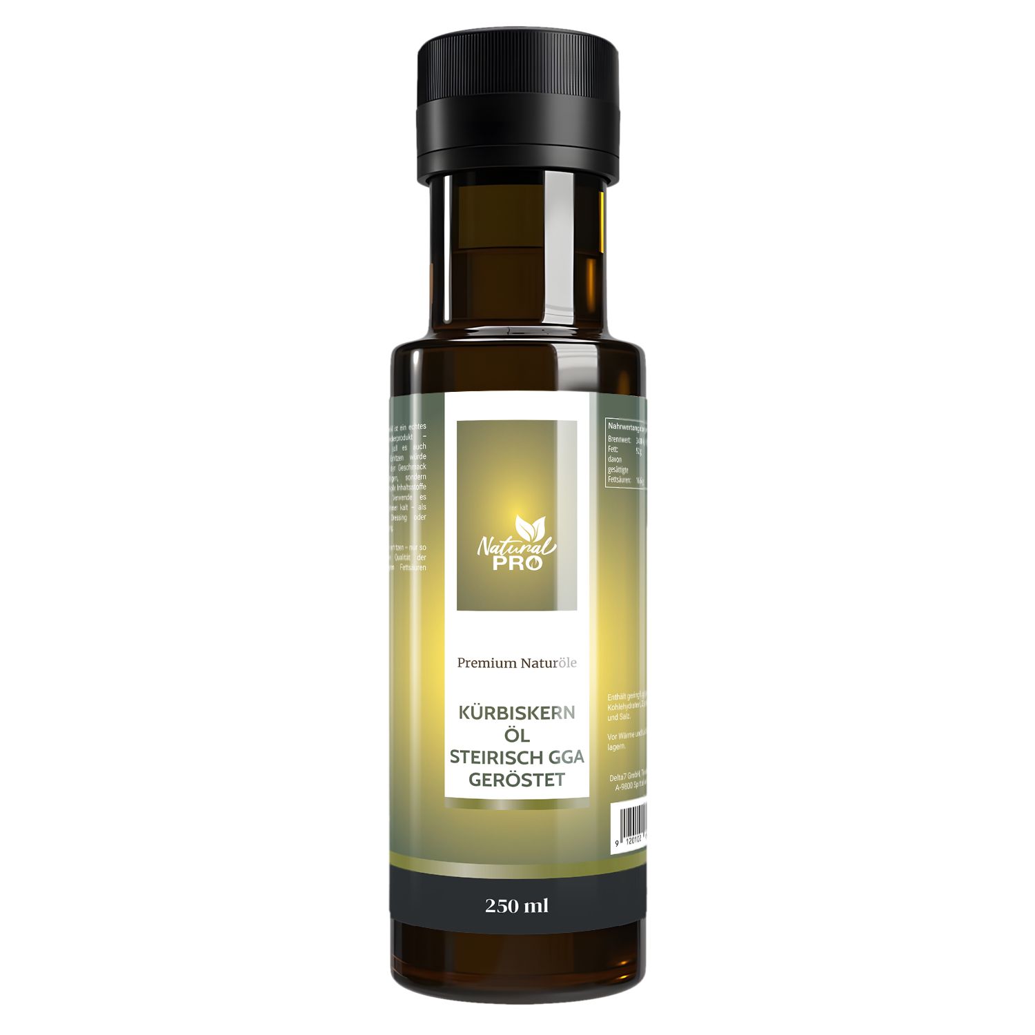 Braune Glasflasche mit schwarzem Deckel. Etikett mit Produktinformationen: Kürbiskernöl steirisch GGA geröstet. 250 ml.