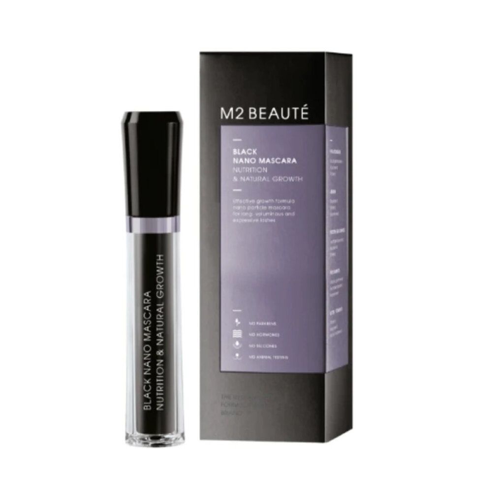 Mascara-Tube und Schachtel. Auf der Schachtel steht "M2 BEAUTÉ BLACK NANO MASCARA".