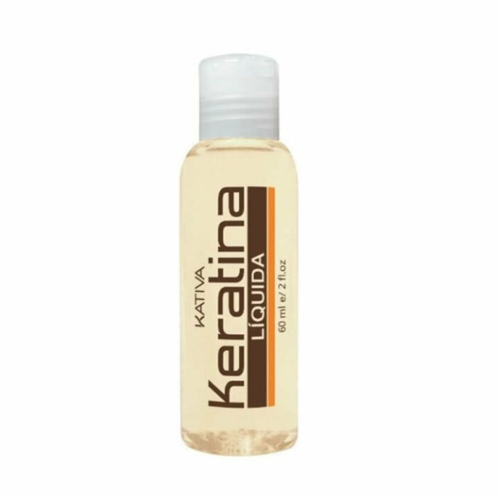 Flasche mit Flüssigkeit. Aufschrift: Kativa Keratina Líquida. 60 ml e/ 2 fl.oz. Weißer Deckel.