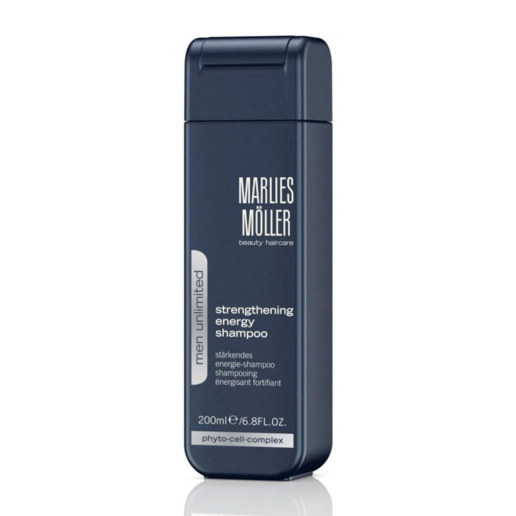 Dunkelblaue Shampoo-Flasche mit Klappverschluss. Aufschrift: Marlies Möller, Men Unlimited, Strengthening Energy Shampoo. 200ml/6.8FL.OZ.