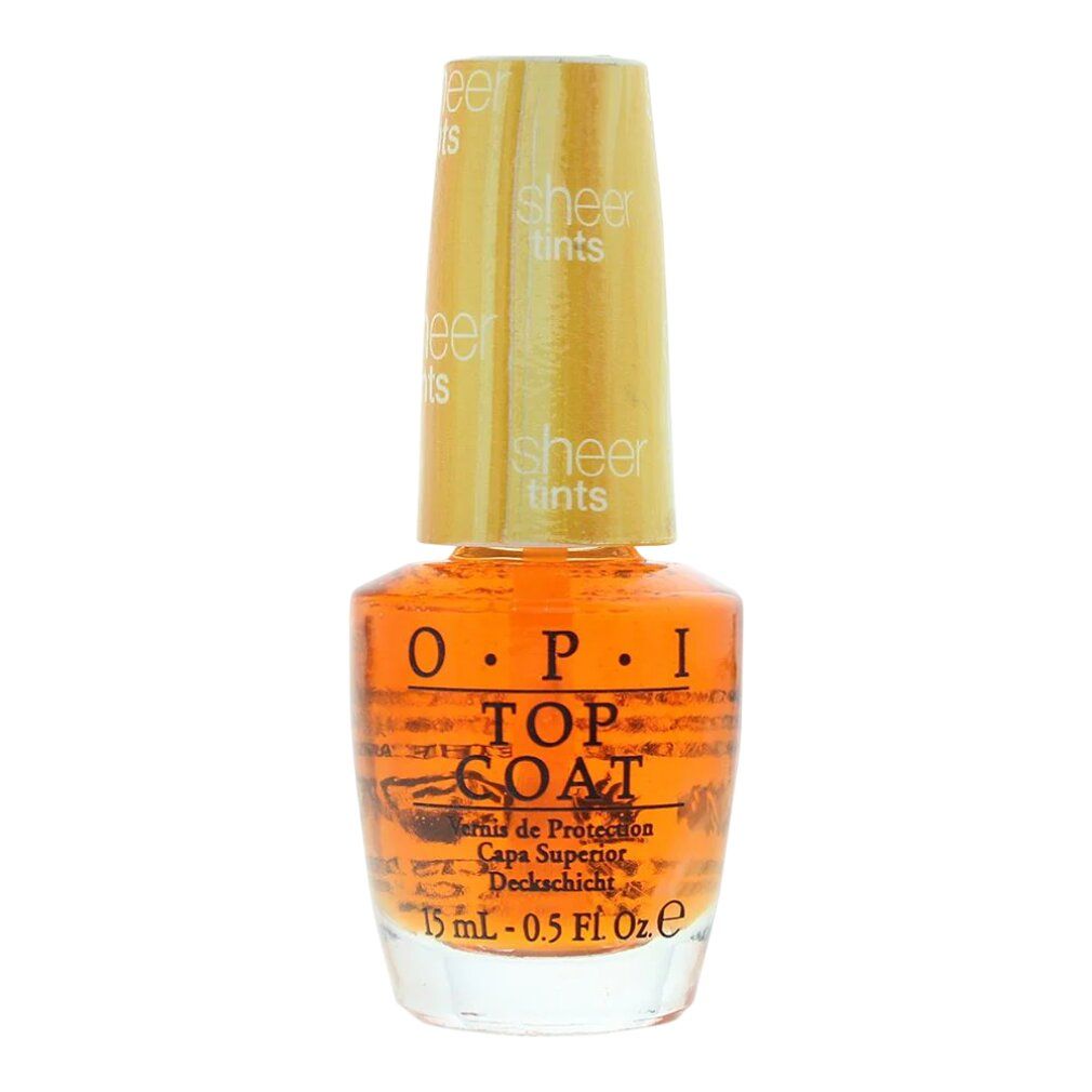 Nagellackflasche mit gelbem Deckel. Aufschrift: OPI Sheer Tints Top Coat. Inhalt: 15 ml.