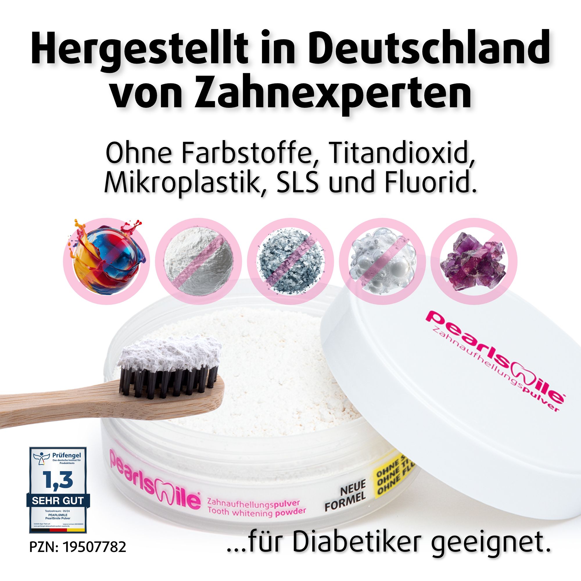 Zahnaufhellungspulver in Dose. Text: Hergestellt in Deutschland von Zahnexperten. Icons.