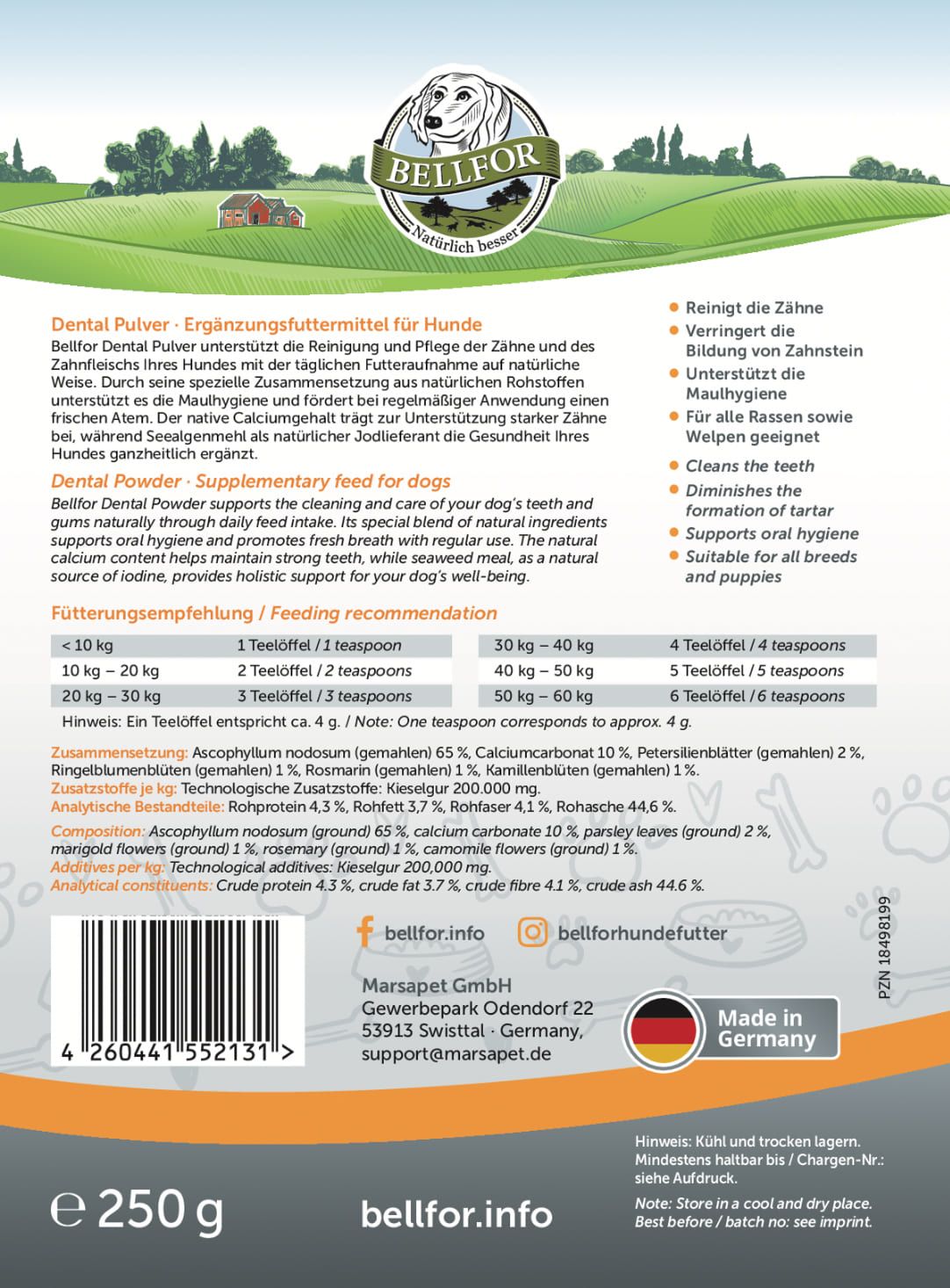 Rückseite der Dental Pulver Verpackung. Text in Deutsch. Enthält Informationen zu Inhaltsstoffen und Anwendung.