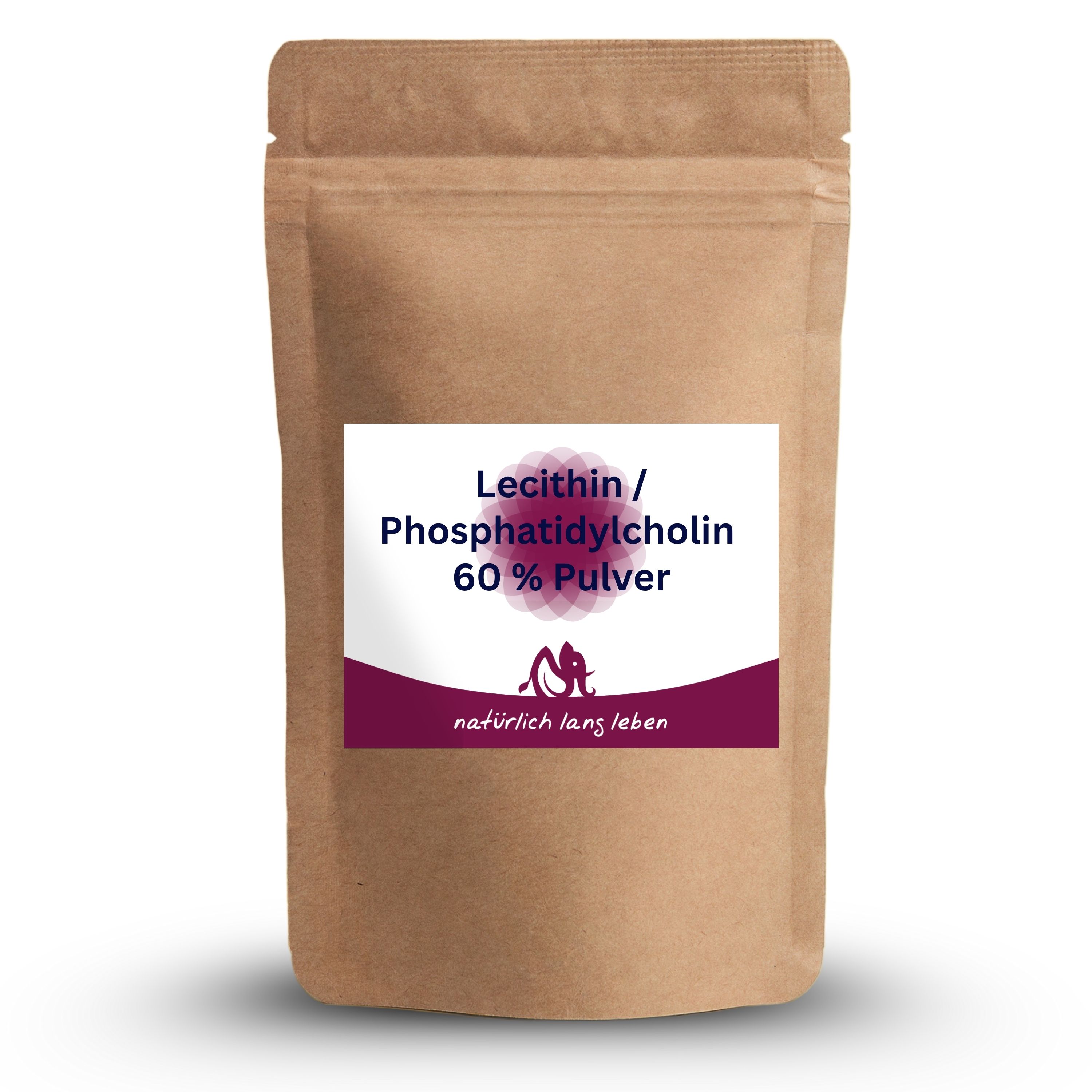 Beutel mit Etikett. Aufschrift: Lecithin/Phosphatidylcholin 60 % Pulver. Logo: natürlich lang leben.