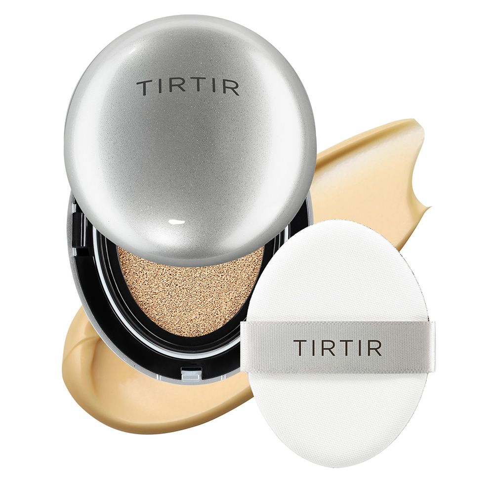 TIRTIR Mask Fit Aura Cushion 24W Soft Beige mit Applikator und Foundation-Swatches.