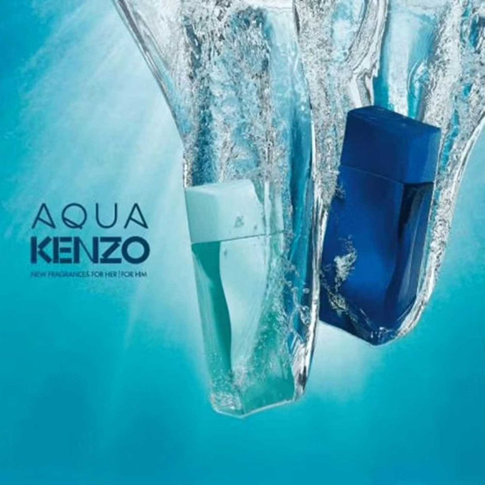 Zwei Flakons im Wasser. Links hellblau, rechts dunkelblau. Text: Aqua Kenzo.