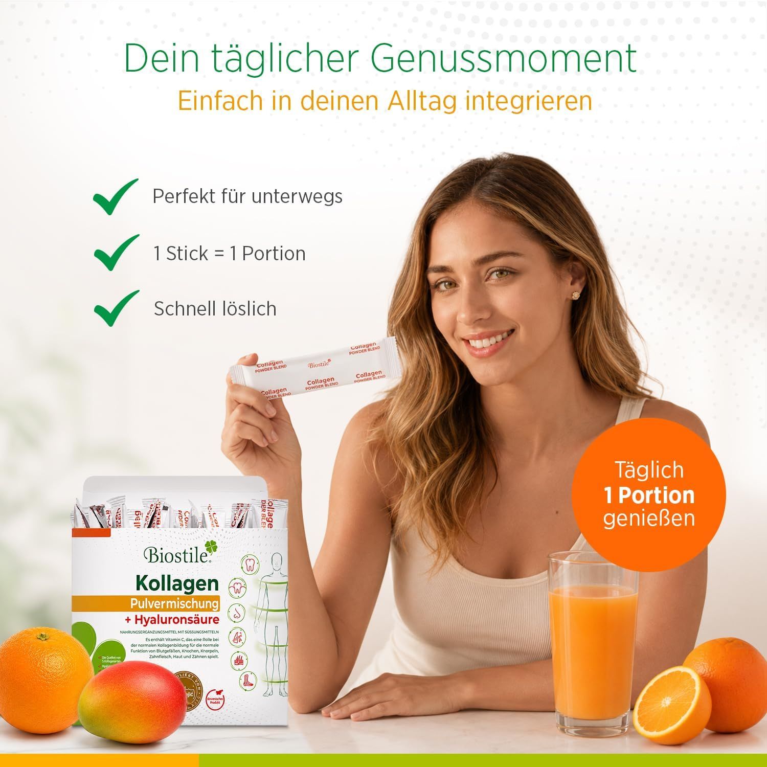 Frau hält Beutel Biostile Kollagen Pulvermischung + Hyaluronsäure. Glas Saft, Orangen, Mango. 1 Portion pro Tag.