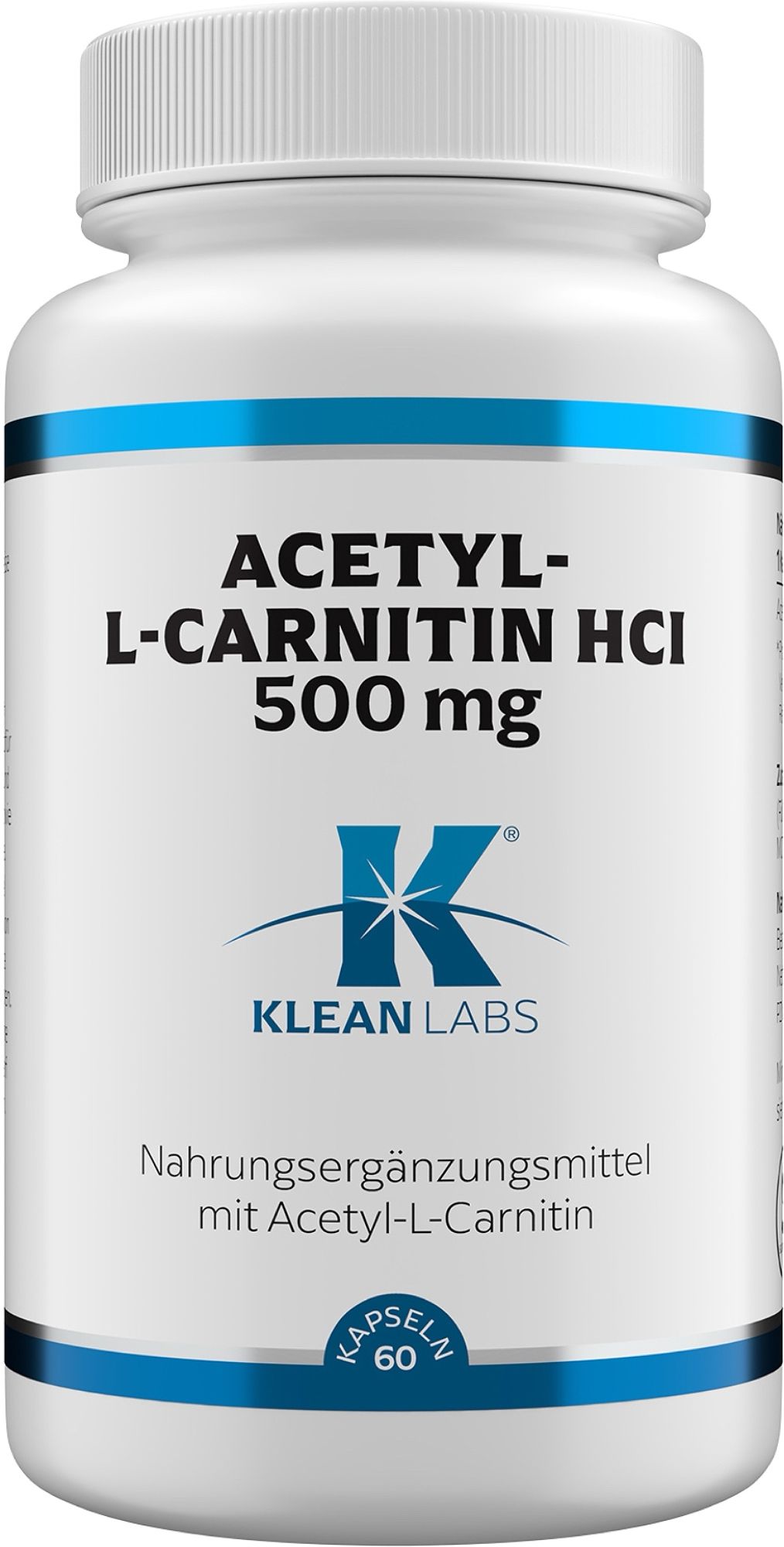 Weiße Kapsel mit Klean Labs Acetyl-L-Carnitin HCl 500 mg. Enthält 60 Kapseln.