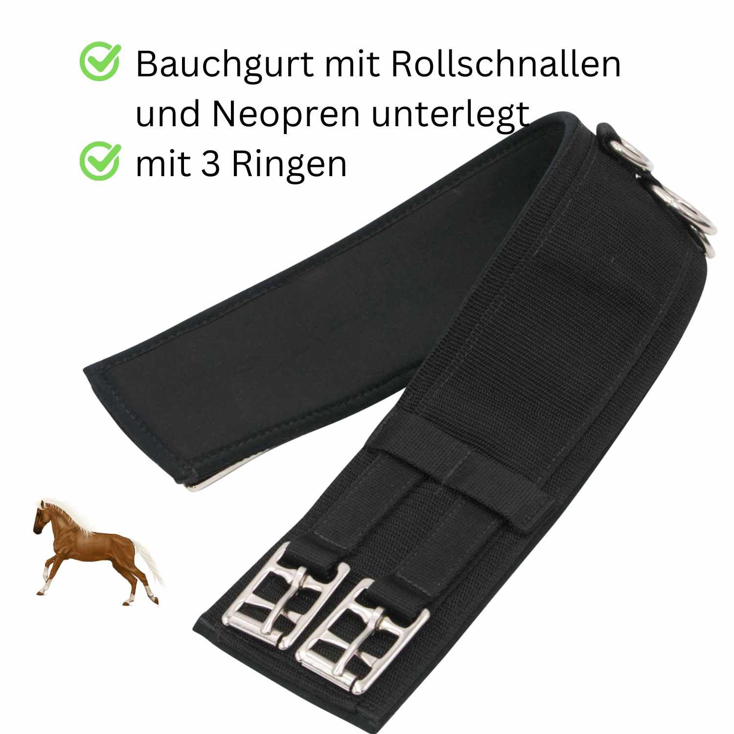 Schwarzer Longiergurt mit Rollenschnallen und Neopren-Unterlage, 3 Ringe. Pferd-Silhouette.
