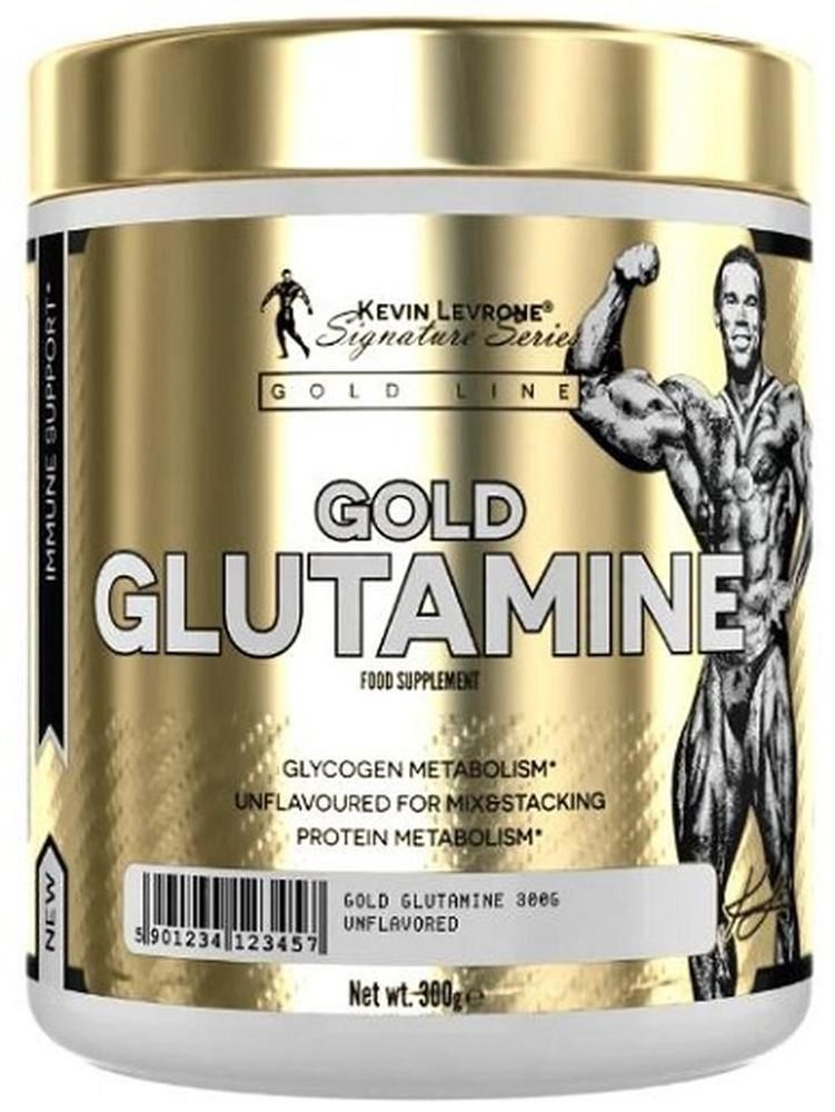 Goldfarbener Behälter mit Aufschrift GOLD GLUTAMINE. Marke Kevin Levrone. Abbildung eines Mannes mit Muskeln.