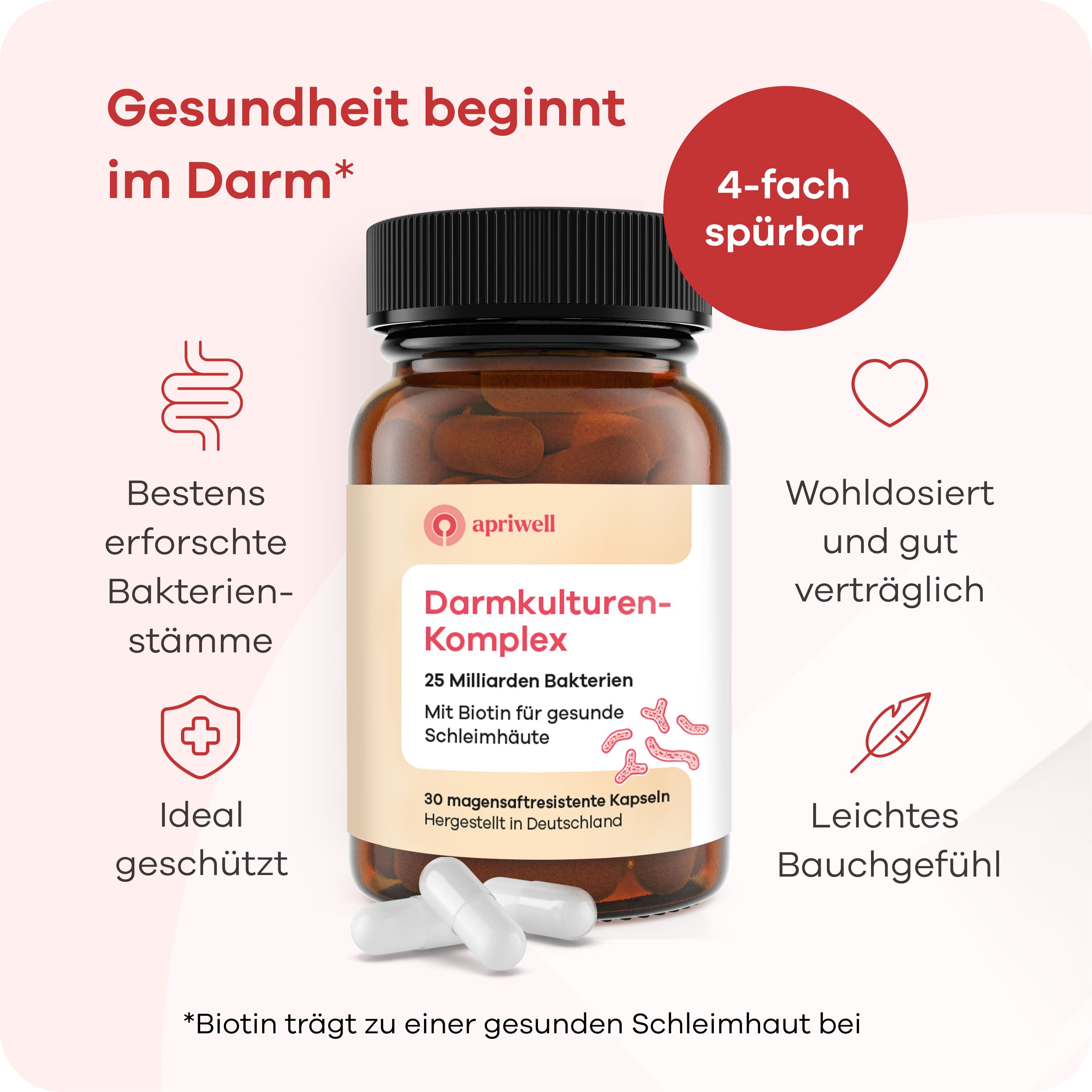 Braune Flasche mit Kapseln und Text. Gesundheit beginnt im Darm. 4-fach spürbar. Bestens erforschte Bakterienstämme. Ideal geschützt. Wohl dosiert.