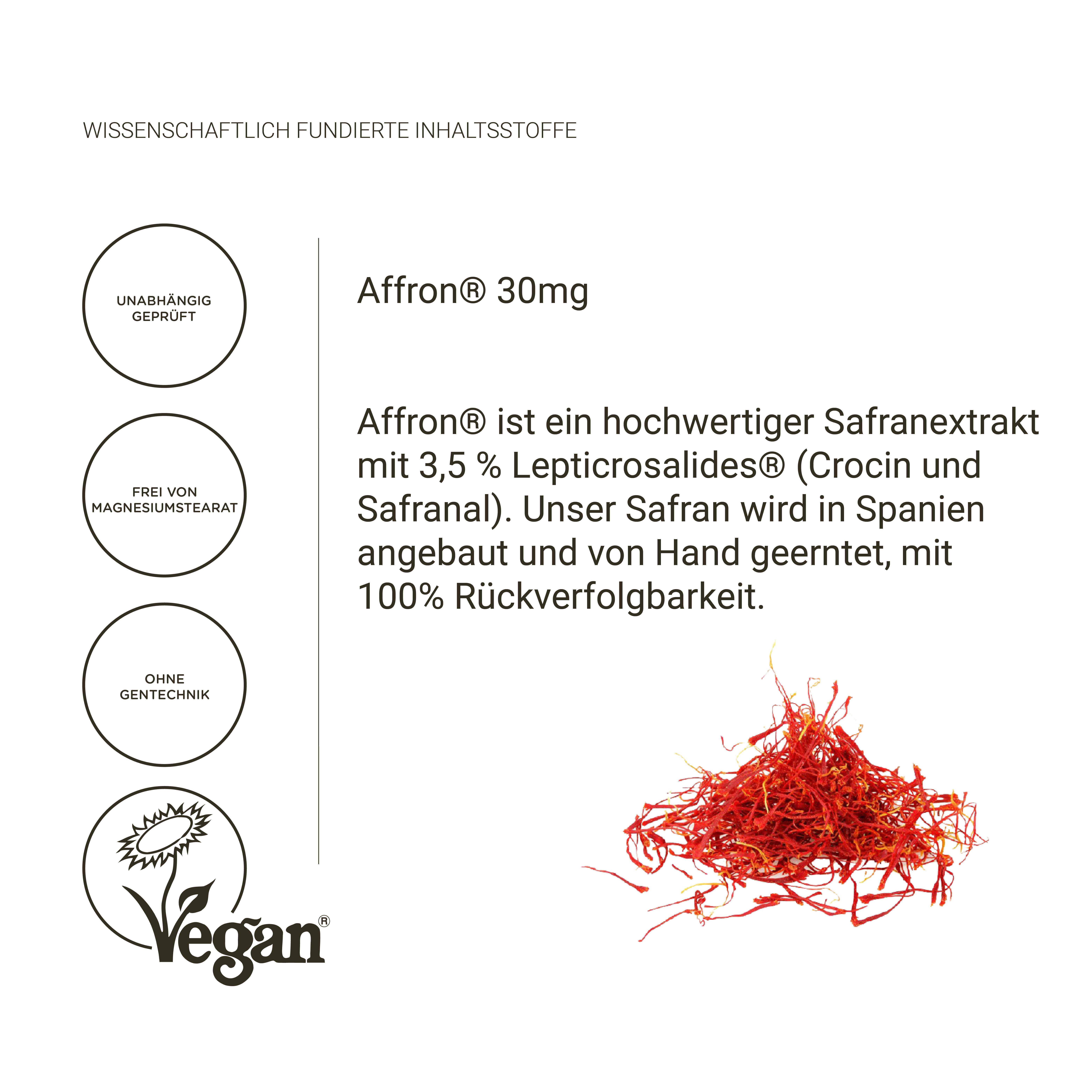 Haufen Safranfäden. Text: Affron 30mg. Vegan-Siegel. Text: Affron ist ein hochwertiger Safranextrakt.