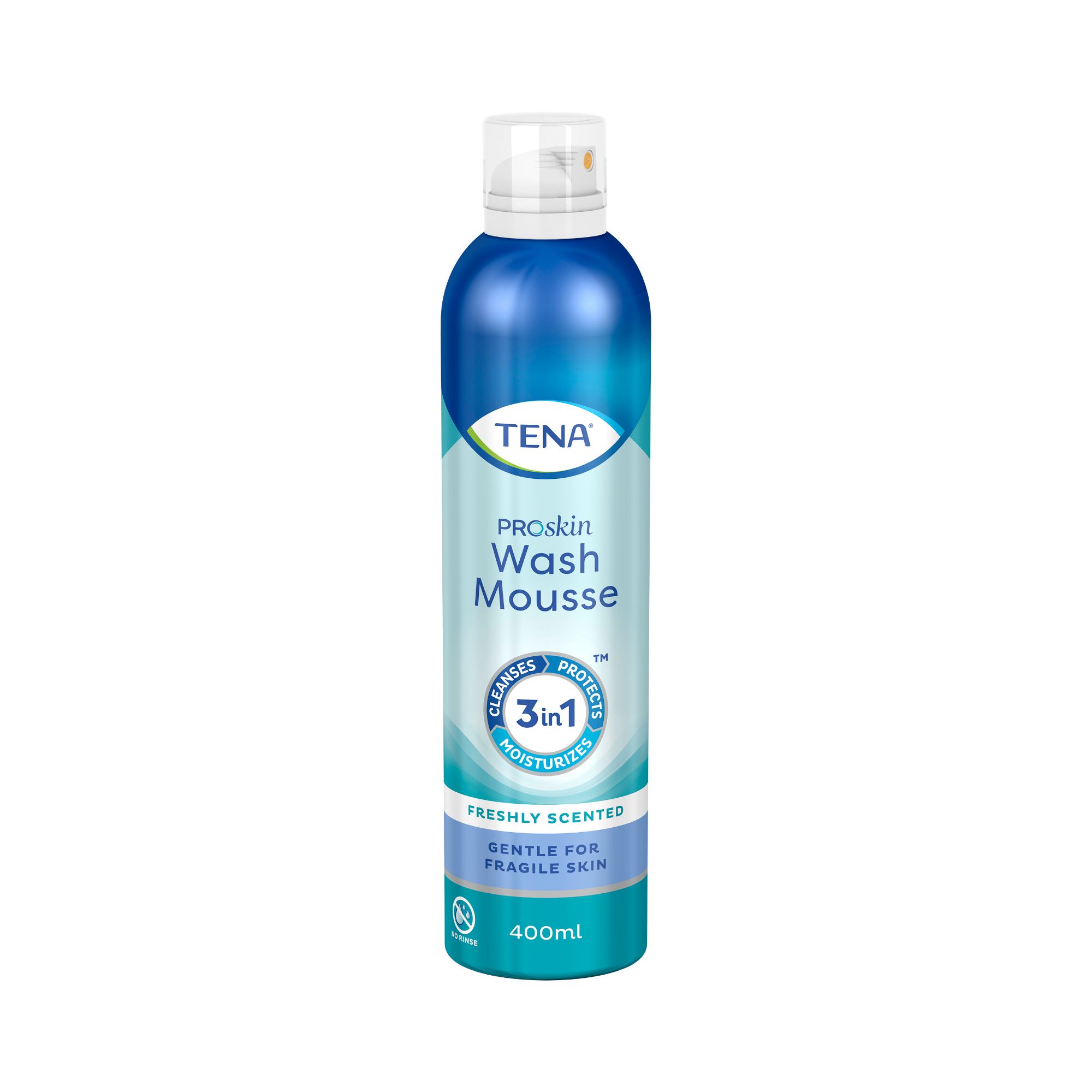 Blau-weiße Flasche TENA ProSkin Wash Mousse. Aufschrift: 3in1, Freshly Scented, 400ml, Gentle for fragile skin.