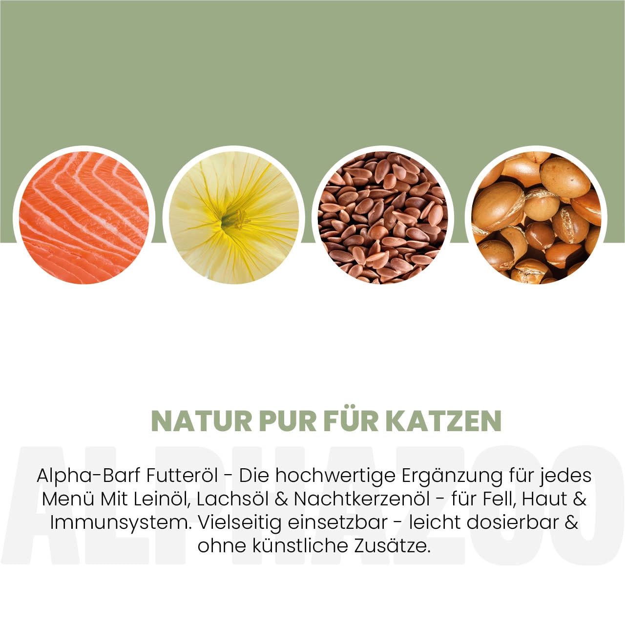 Kreisförmige Abbildungen von Lachs, Blüte, Leinsamen und Arganöl. Text: Natur pur für Katzen. Alpha-Barf Futteröl.
