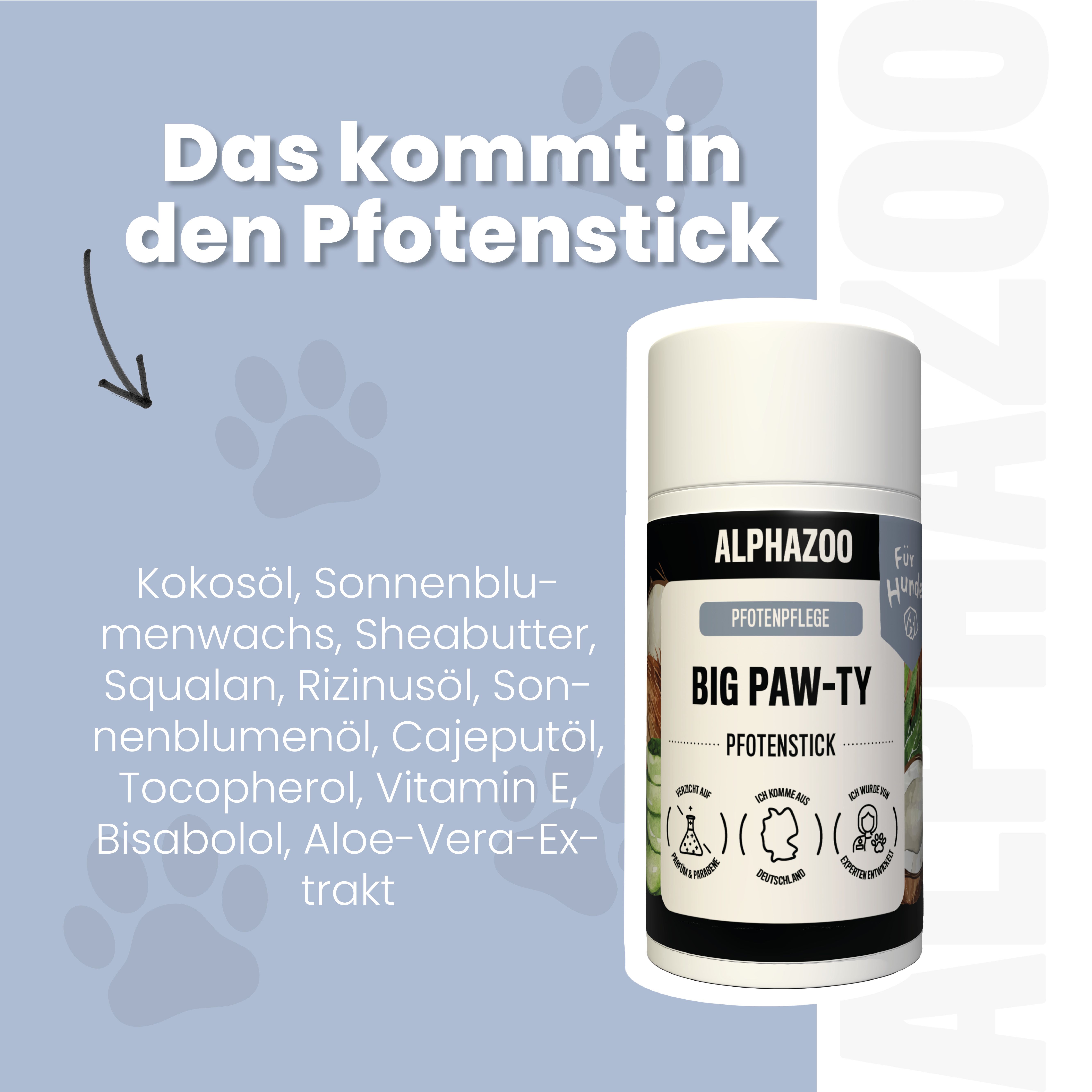 Produktverpackung mit Inhaltsstoffen: Kokosöl, Sonnenblumenwachs, Sheabutter, Squalen, Rizinusöl, Sonnenblumenöl, Cajeputöl, Tocopherol, Vitamin E, Bisabolol, Aloe-Vera-Extrakt.