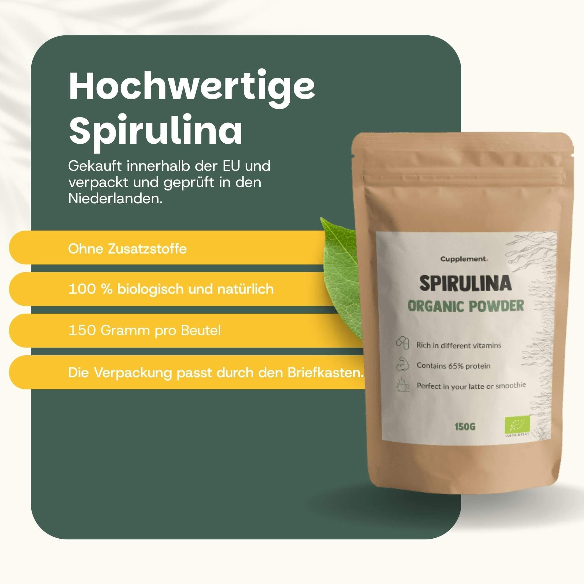 Beutel Spirulina-Pulver. Braune Verpackung mit weißem Etikett. Text: „150 Gramm pro Beutel“.