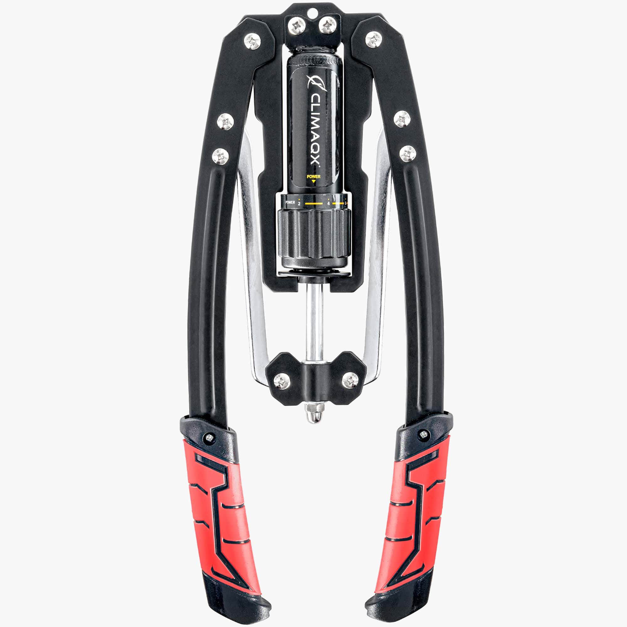Schwarzes und rotes Trainingsgerät. Mittig ein Zylinder mit CLIMAQX-Logo. Griffe mit roter Auflage.