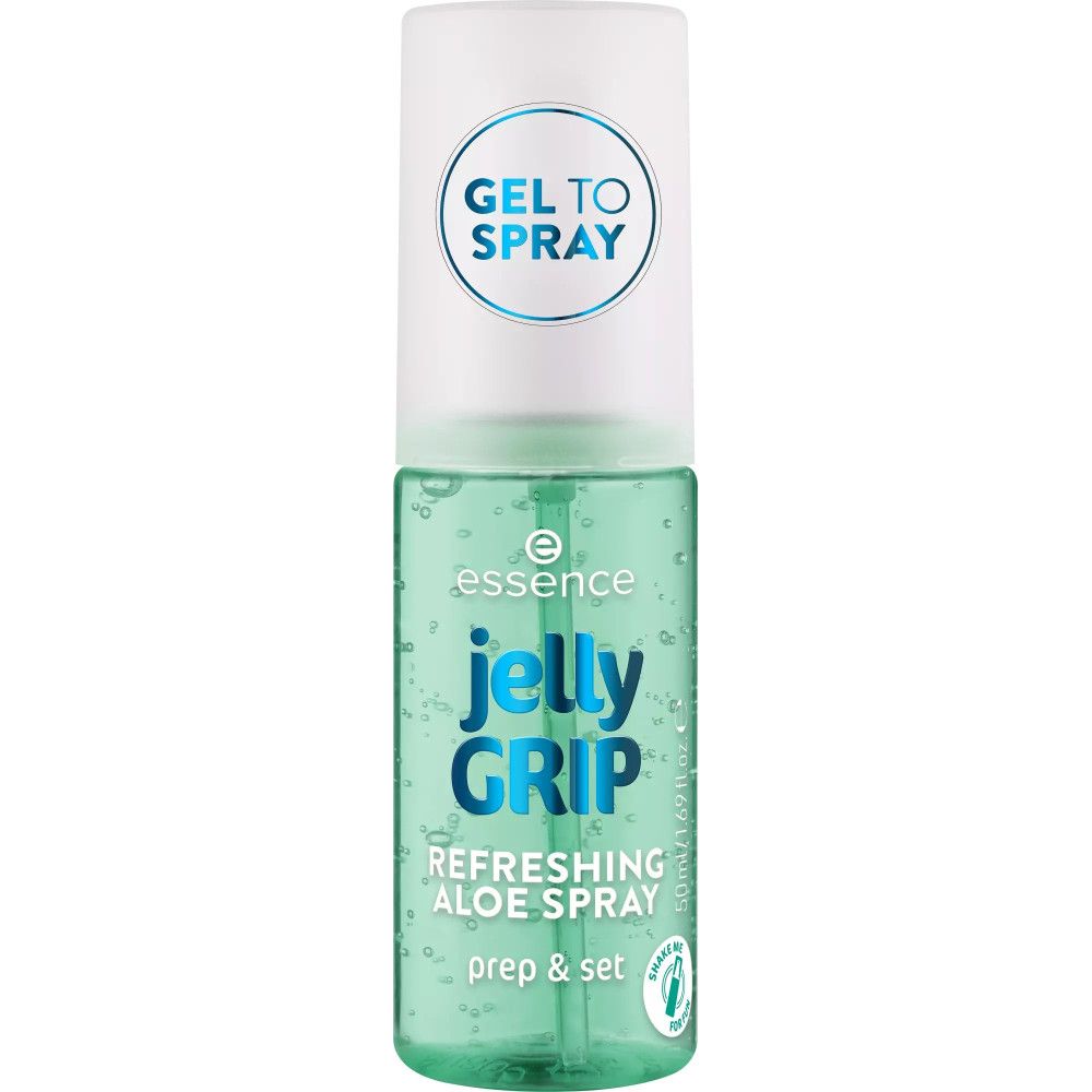 Grünes Spray mit weißem Deckel. Aufschrift: "jelly GRIP", "Refreshing Aloe Spray", "prep & set".