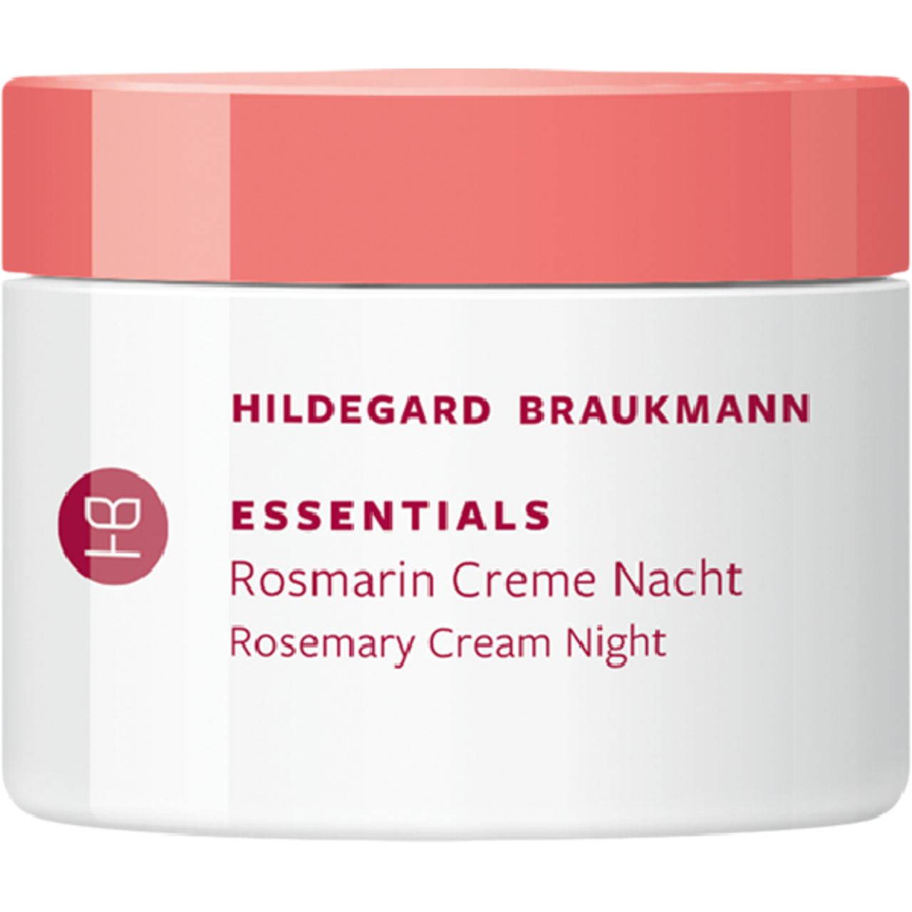 Creme-Dose von Hildegard Braukmann Essentials Rosmarin Creme Nacht. Text: Essentials, Rosmarin Creme Nacht, Rosemary Cream Night.