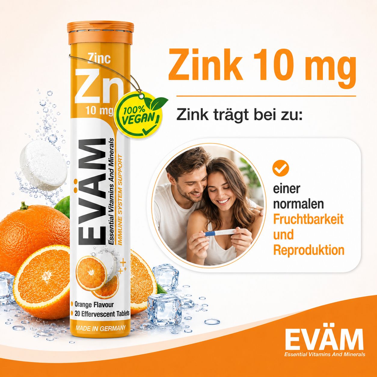 Zink-Brausetabletten-Packung. Orange, Eiswürfel. Vegan-Siegel. Vorteile: Fruchtbarkeit und Reproduktion.