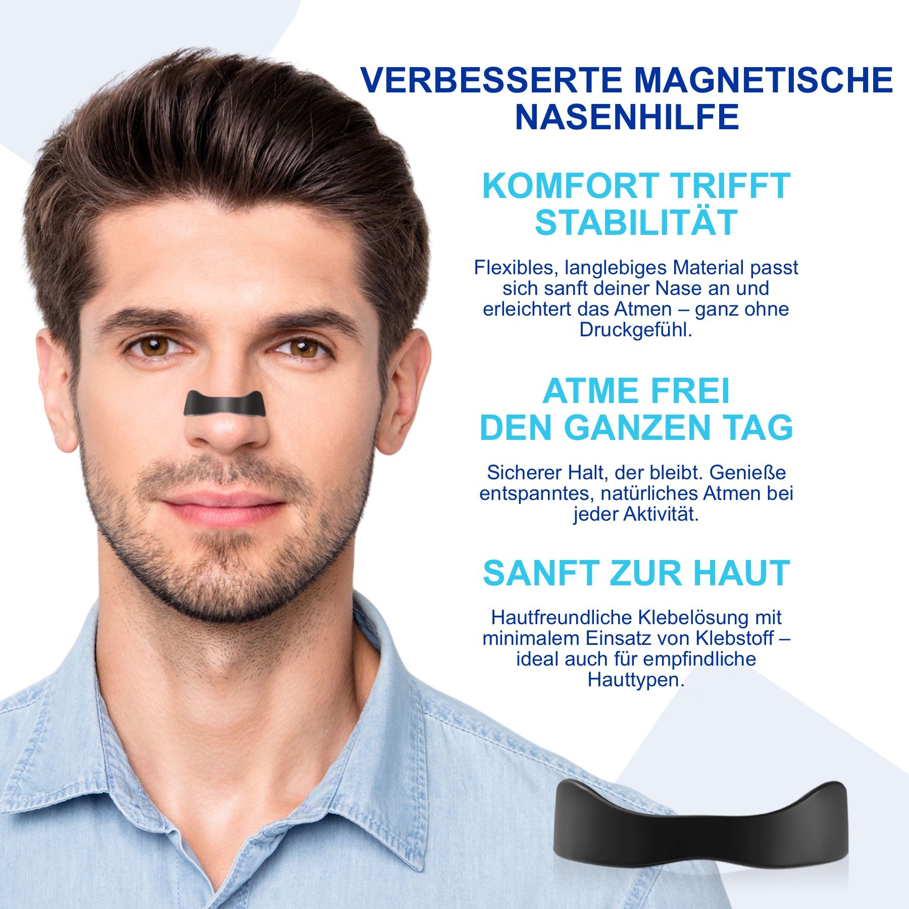 Mann mit Nasenstrip. Schwarzer Nasenclip. Text: Komfort trifft Stabilität, atme frei den ganzen Tag, sanft zur Haut.