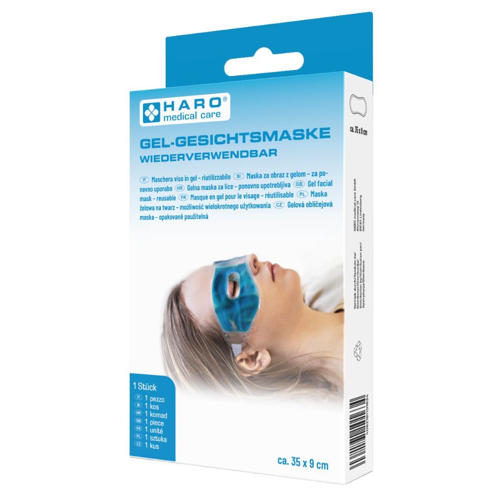 Verpackung der Haro Gel-Gesichtsmaske. Blaue Gel-Gesichtsmaske auf Gesicht einer Person. Wiederverwendbar, ca. 35 x 9 cm.