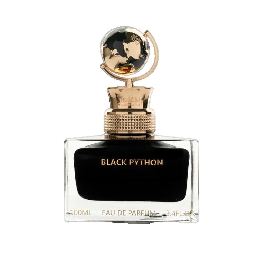 Parfumflakon mit schwarzem Inhalt. Goldfarbener Verschluss mit Globus-Dekor. Aufschrift: BLACK PYTHON, Eau de Parfum.
