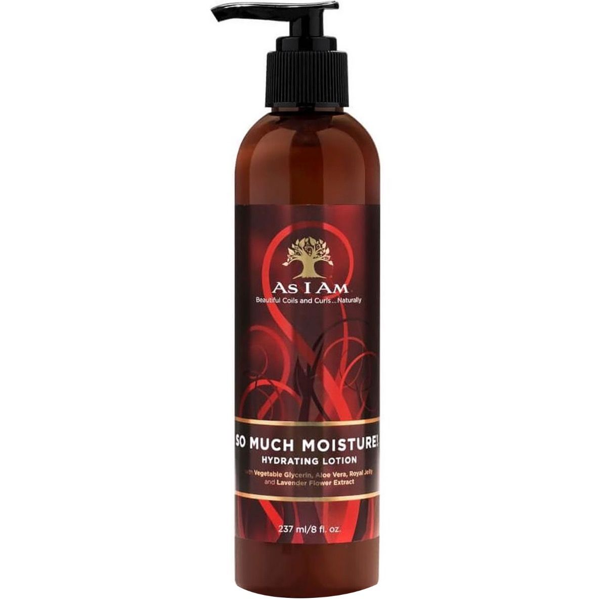 As I Am So Much Moisture Hydrating Lotion mit Pumpspender. Braune Flasche mit rotem Etikett.