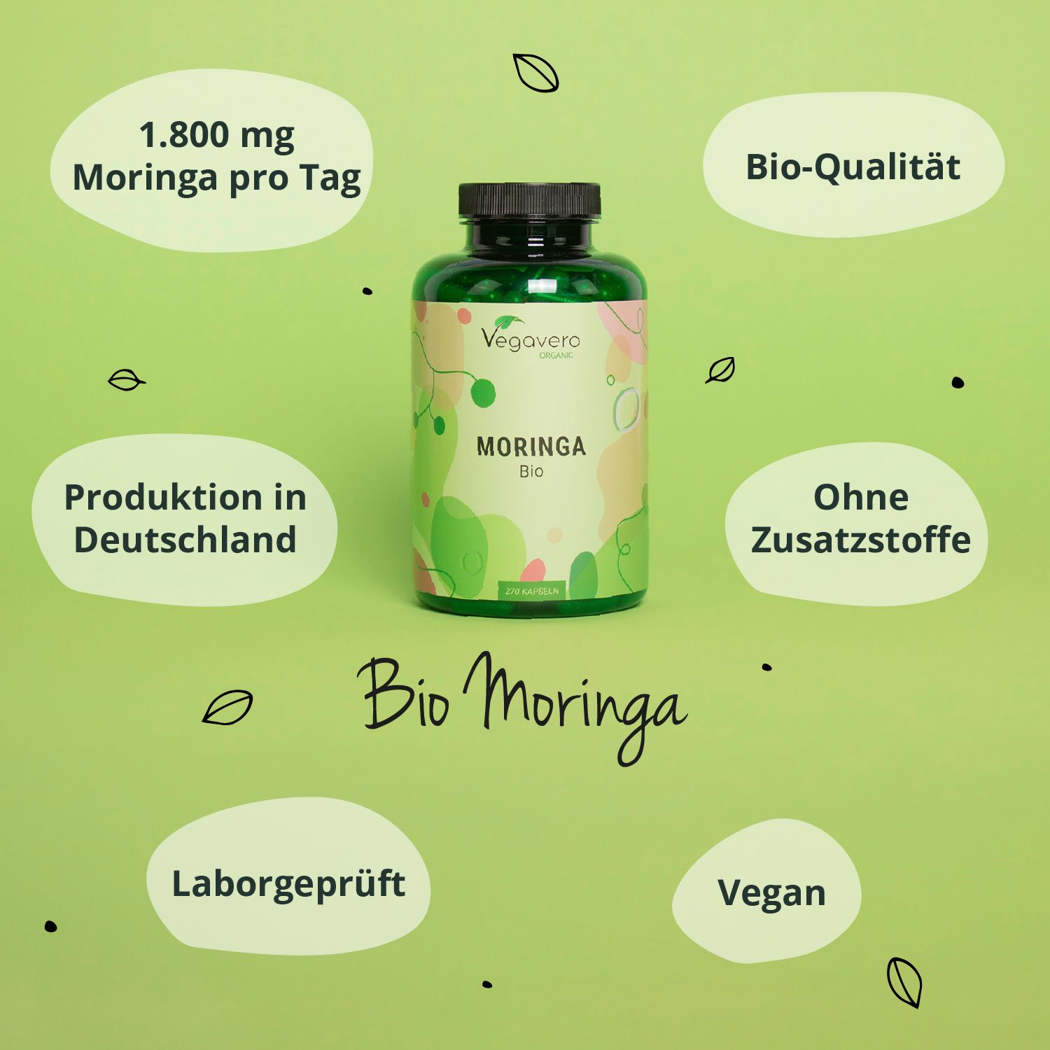 Grüne Flasche mit Moringa BIO Kapseln. Text: 1.800 mg Moringa pro Tag, Bio-Qualität, ohne Zusatzstoffe, vegan.