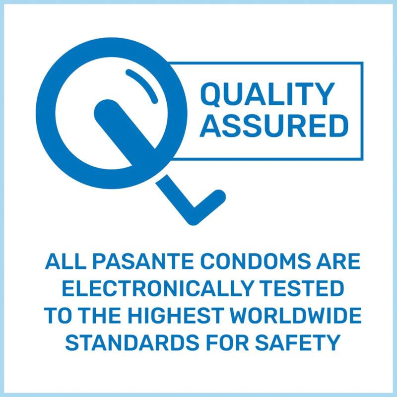 Blaues Logo mit Text: QUALITY ASSURED. Text darunter: Alle Pasante Kondome sind elektronisch getestet.