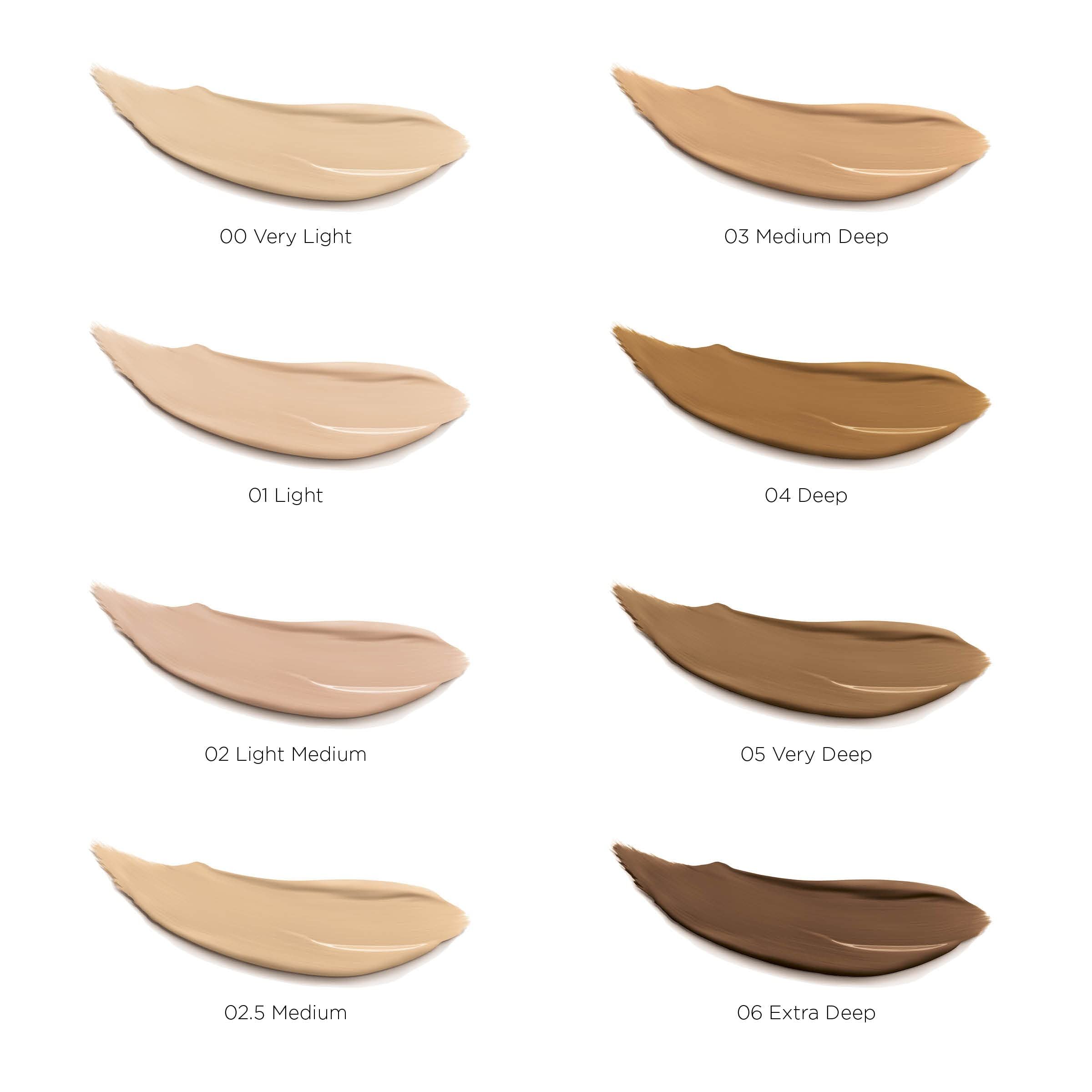 Concealer-Farbtöne auf weißem Hintergrund. 8 Farbtöne: 00 Very Light, 01 Light, 02 Light Medium, 02.5 Medium, 03 Medium Deep, 04 Deep, 05 Very Deep, 06 Extra Deep.