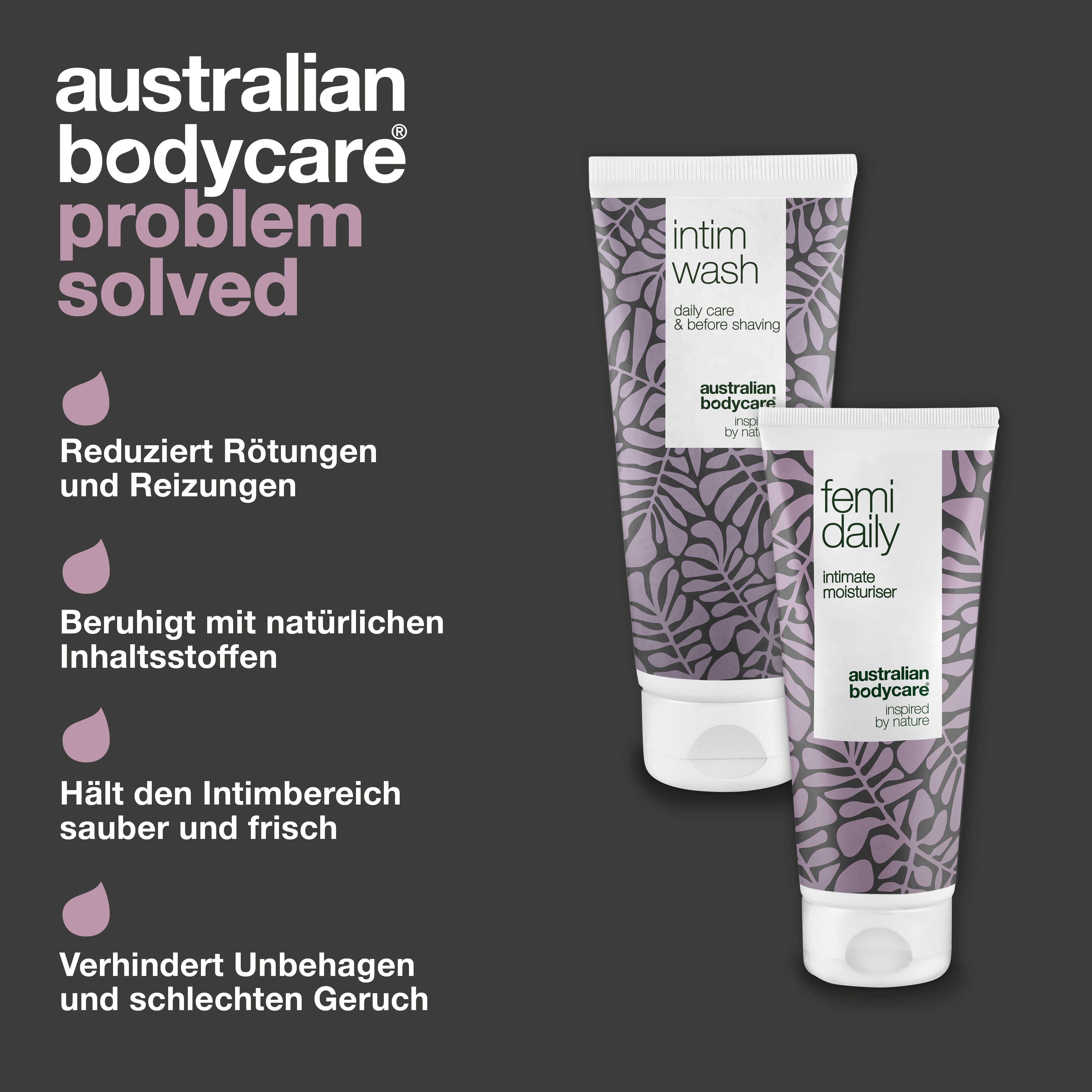 Problem gelöst. Zwei Tuben: Intim Wash und Femi Daily. Text: Reduziert Rötungen und Reizungen. Australian Bodycare.