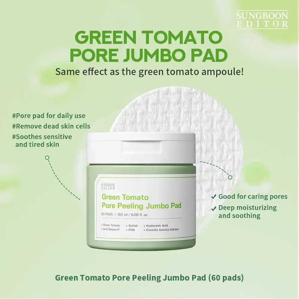 Grüne Dose mit Produktetikett. Text: Green Tomato Pore Peeling Jumbo Pad. Marke: SUNGBOON EDITOR.