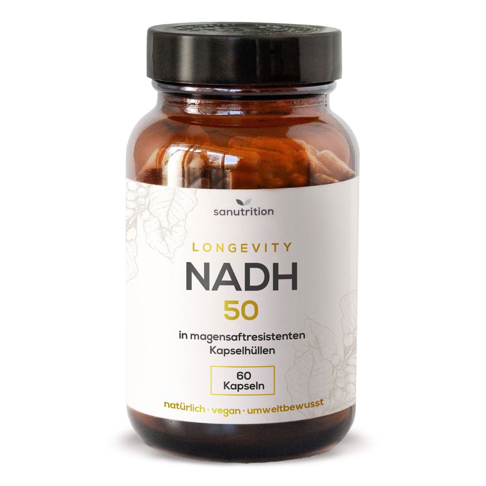Sanutrition NADH 50 mg Kapseln in Braunglasflasche mit schwarzem Deckel.