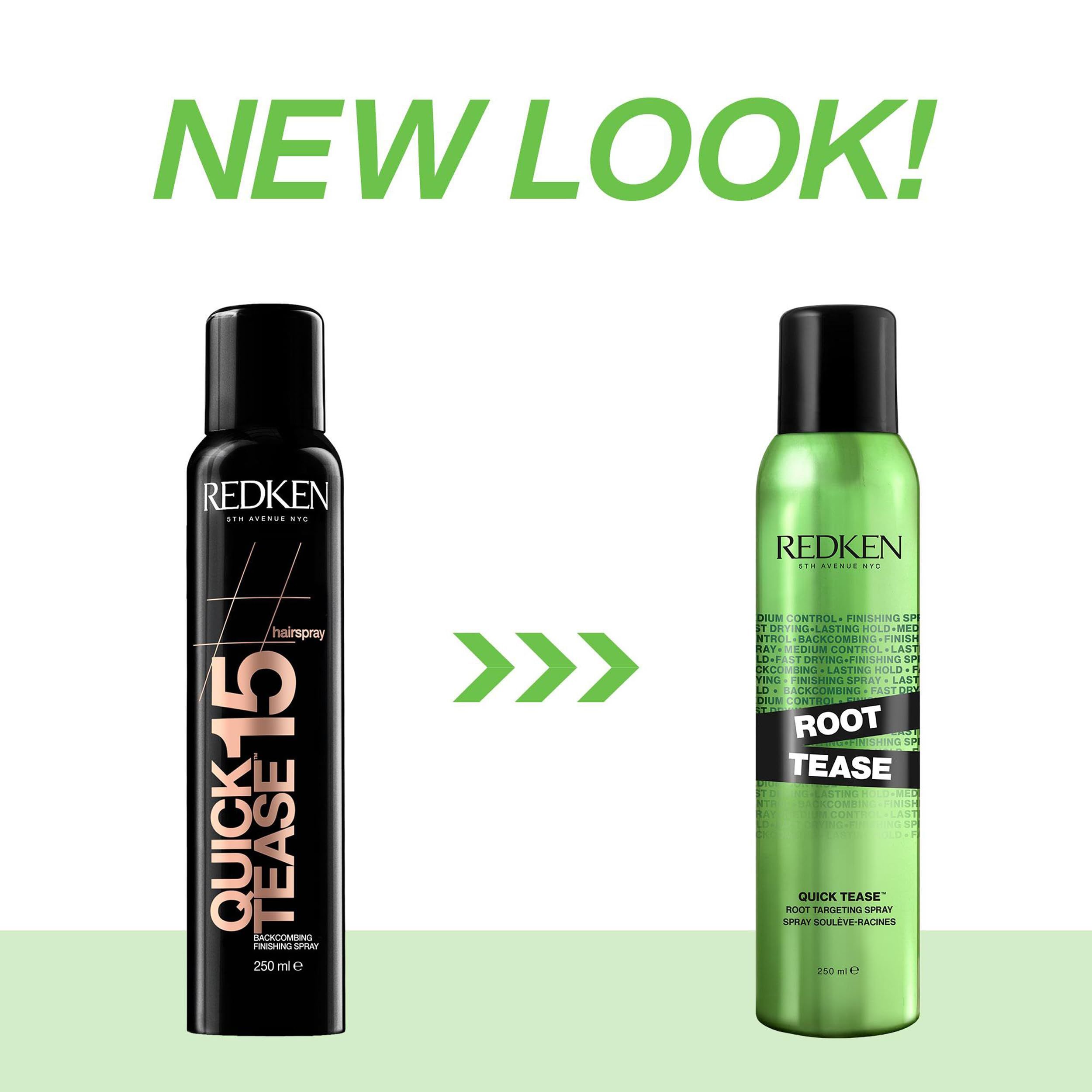 Vergleich von Redken Quick Tease 15 und Root Tease. Quick Tease in Schwarz, Root Tease in Grün. Pfeile zeigen den neuen Look.