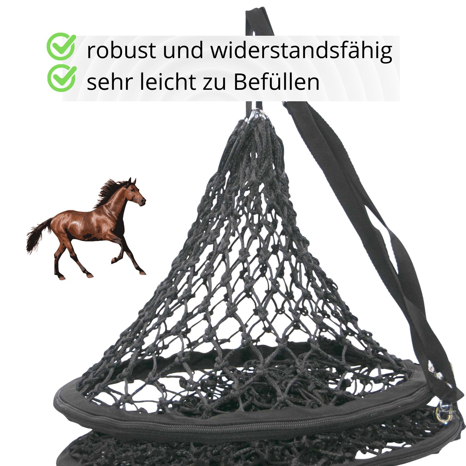 Schwarzer Heutunnel, mit Text: robust und widerstandsfähig, sehr leicht zu befüllen. Pferd-Illustration.