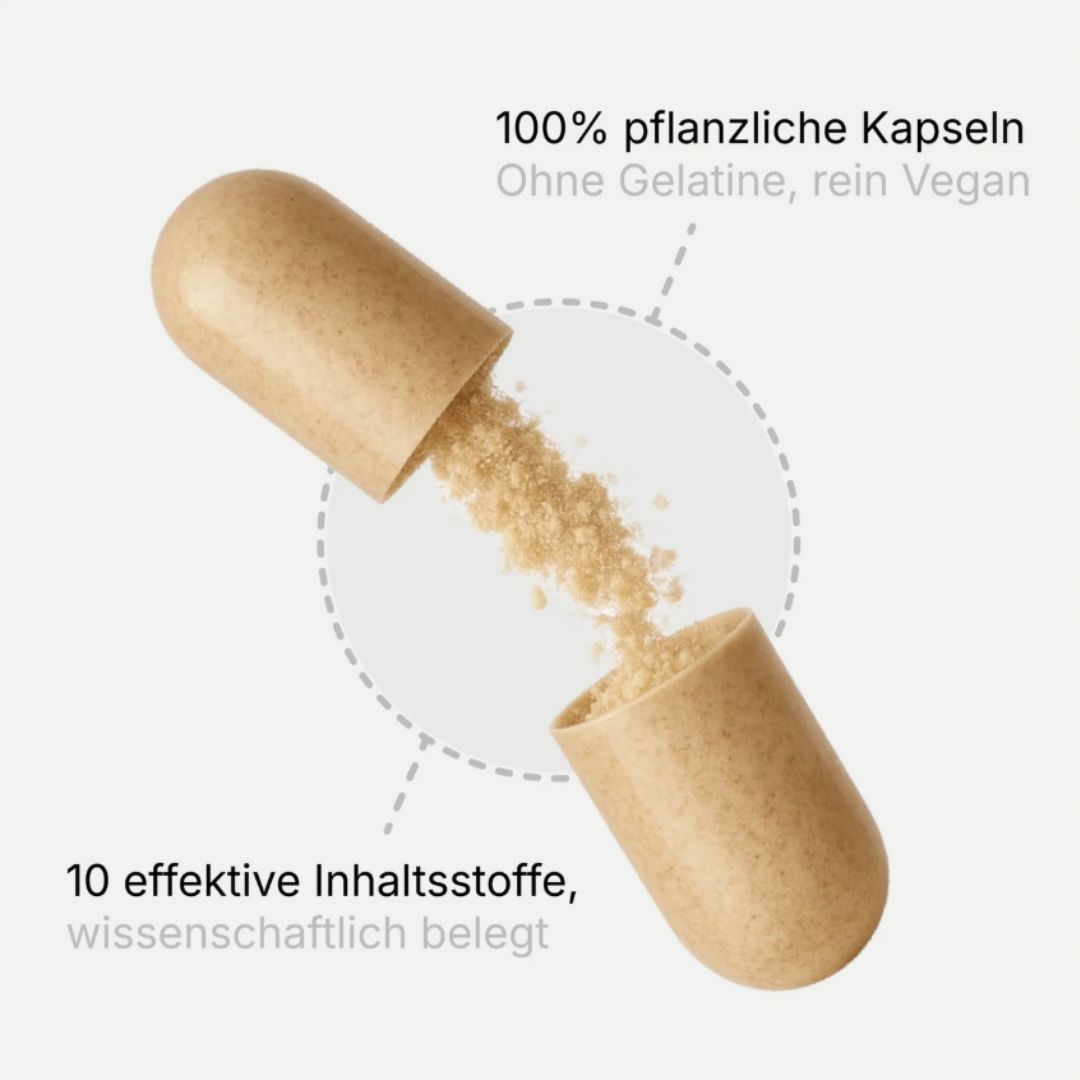 Geöffnete Kapsel mit Inhalt. Text: 100% pflanzliche Kapseln, ohne Gelatine, rein vegan. 10 effektive Inhaltsstoffe, wissenschaftlich belegt.