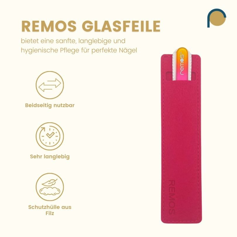 Glasnagelfeile mit Etui. Text: Bietet sanfte, langlebige und hygienische Pflege. Beidseitig nutzbar, sehr langlebig, Schutzhülle aus Filz.