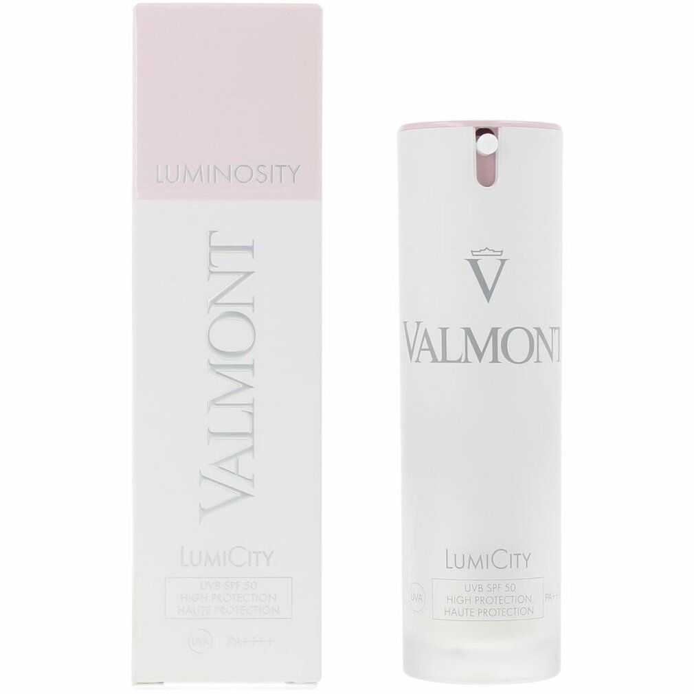 Weißes Valmont Luminosity Lumicity SPF50 Produkt mit Verpackung. Rosa Akzente. Text: Luminosity, LumiCity, SPF 50.