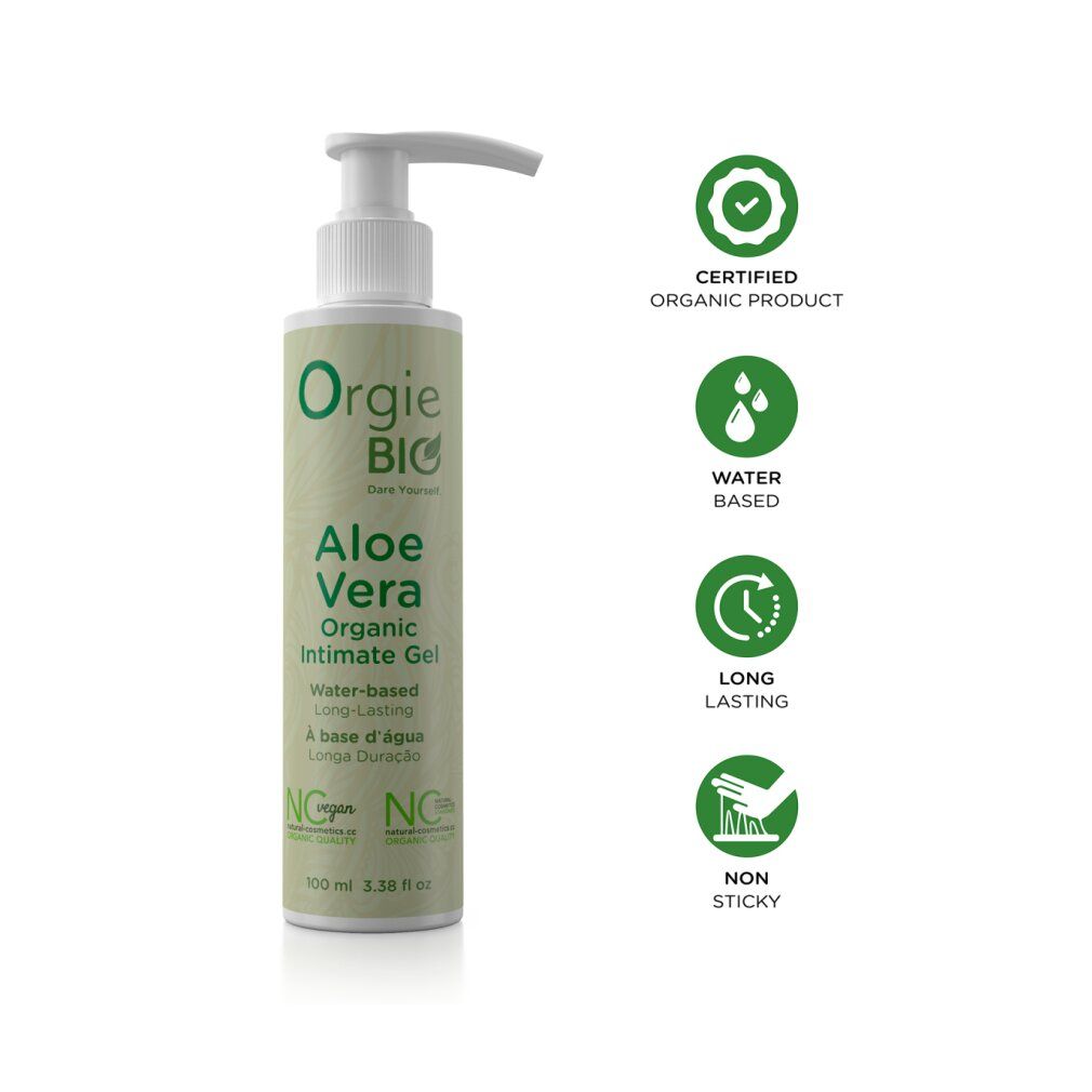 Grüne Flasche mit Pumpe. Aufschrift: Orgie BIO Aloe Vera Organic Intimate Gel. Vegan-Siegel. Zusätzliche Icons.