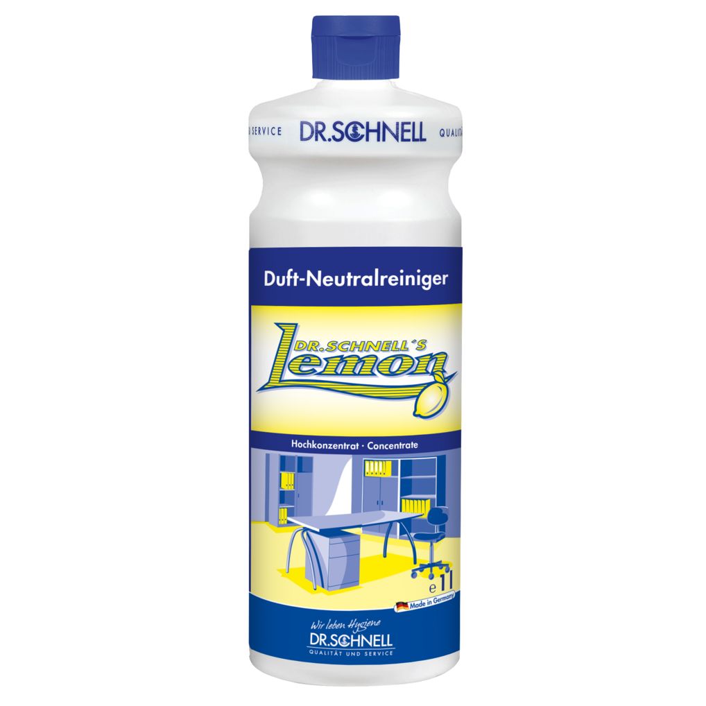 Weiße Flasche mit blauem Deckel. Aufschrift: Dr. Schnell's Lemon Duft-Neutralreiniger. Gelbes Etikett mit Zitrone.